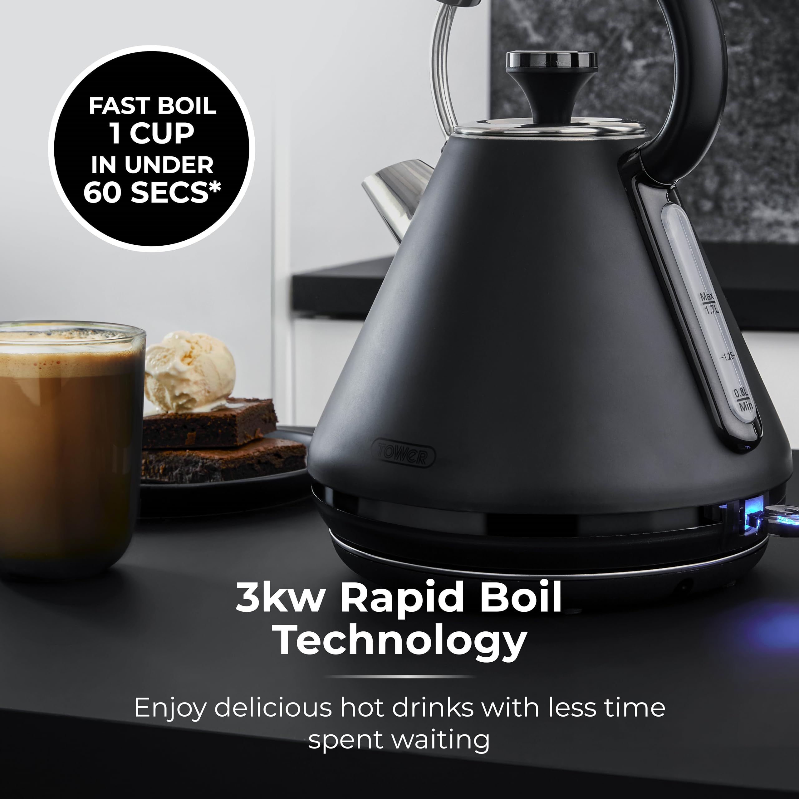 Tower Sera Pyramid Electric Kettle – 1.7L Rapid Boil, 3KW, Black