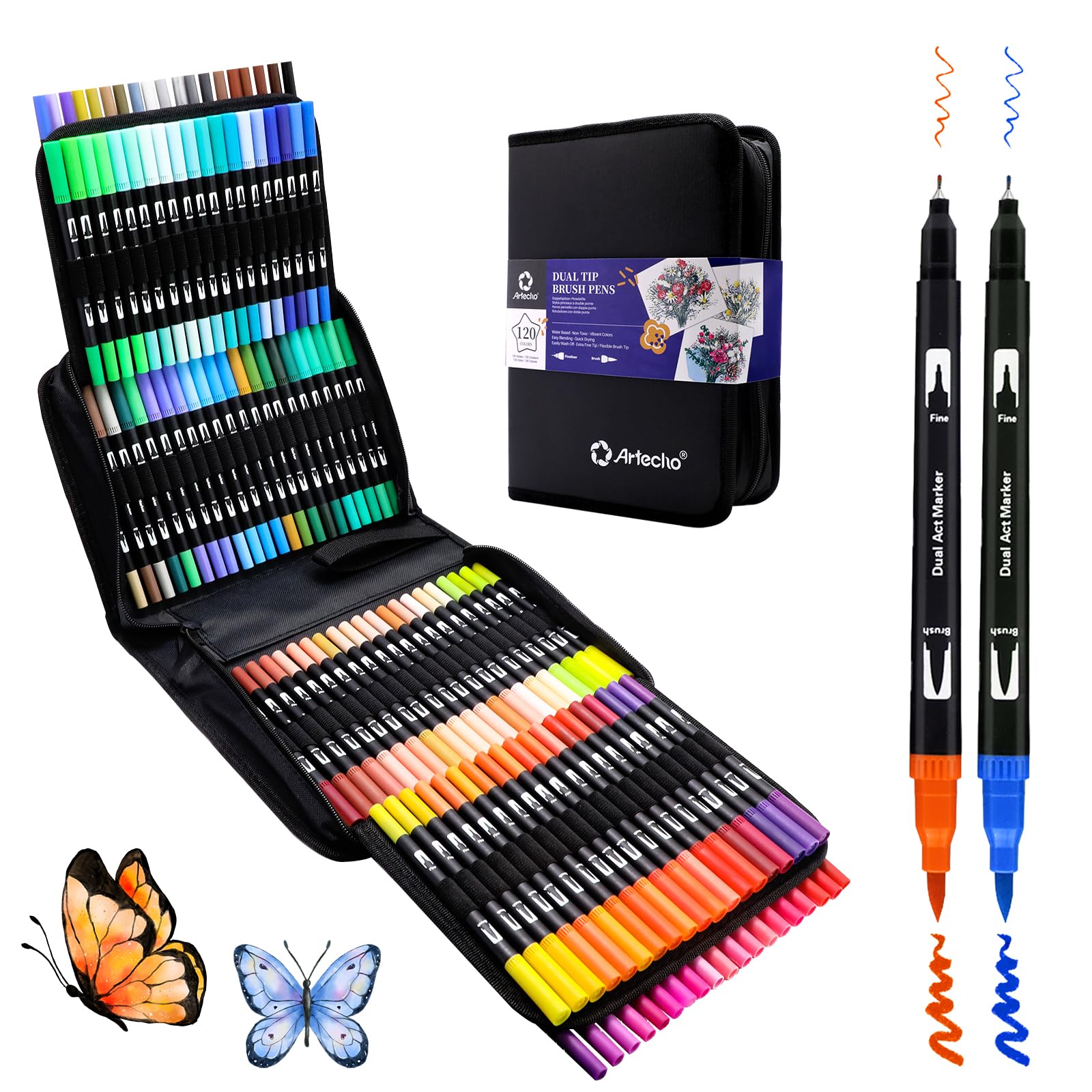 Artecho 120 Dual Tip Brush Pens | Fineliner & Nylon Tip Art Markers