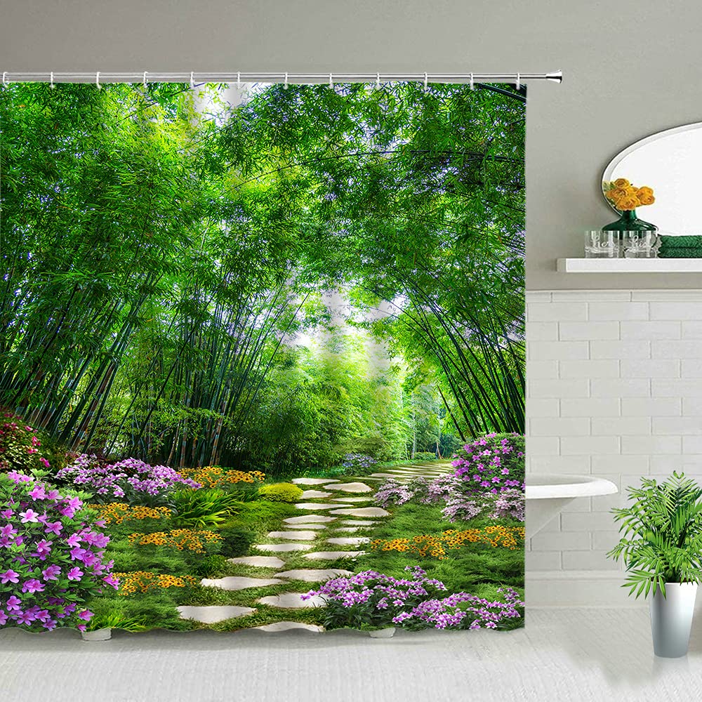 JIANGLANY 3D Bamboo Garden Shower Curtain | Asian Nature Fabric Decor