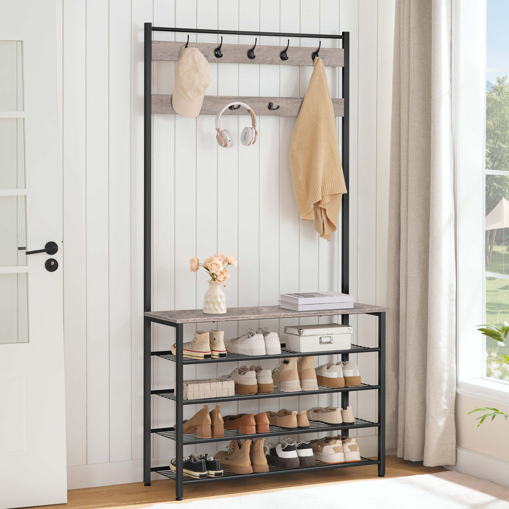 HOOBRO Coat Stand, Coat Rack with Shoe Storage, Free Standing Hall Tree with 9 Hooks, Shoe and Coat Rack for Hallway, Entryway, Metal Frame, Sturdy - image 3