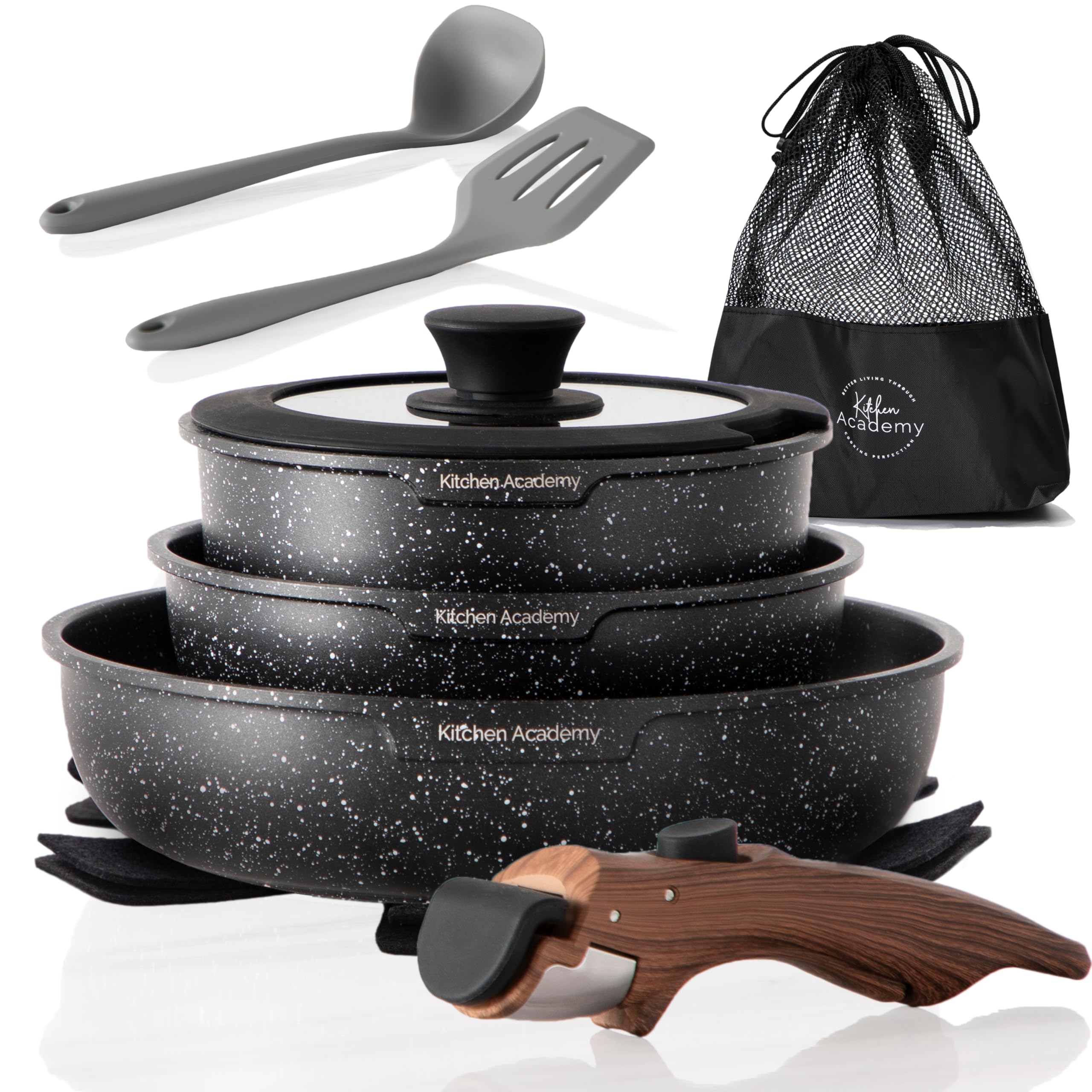 Kitchen Academy 10-Piece Non-Stick Cookware Set | Detachable Handle RV Pans
