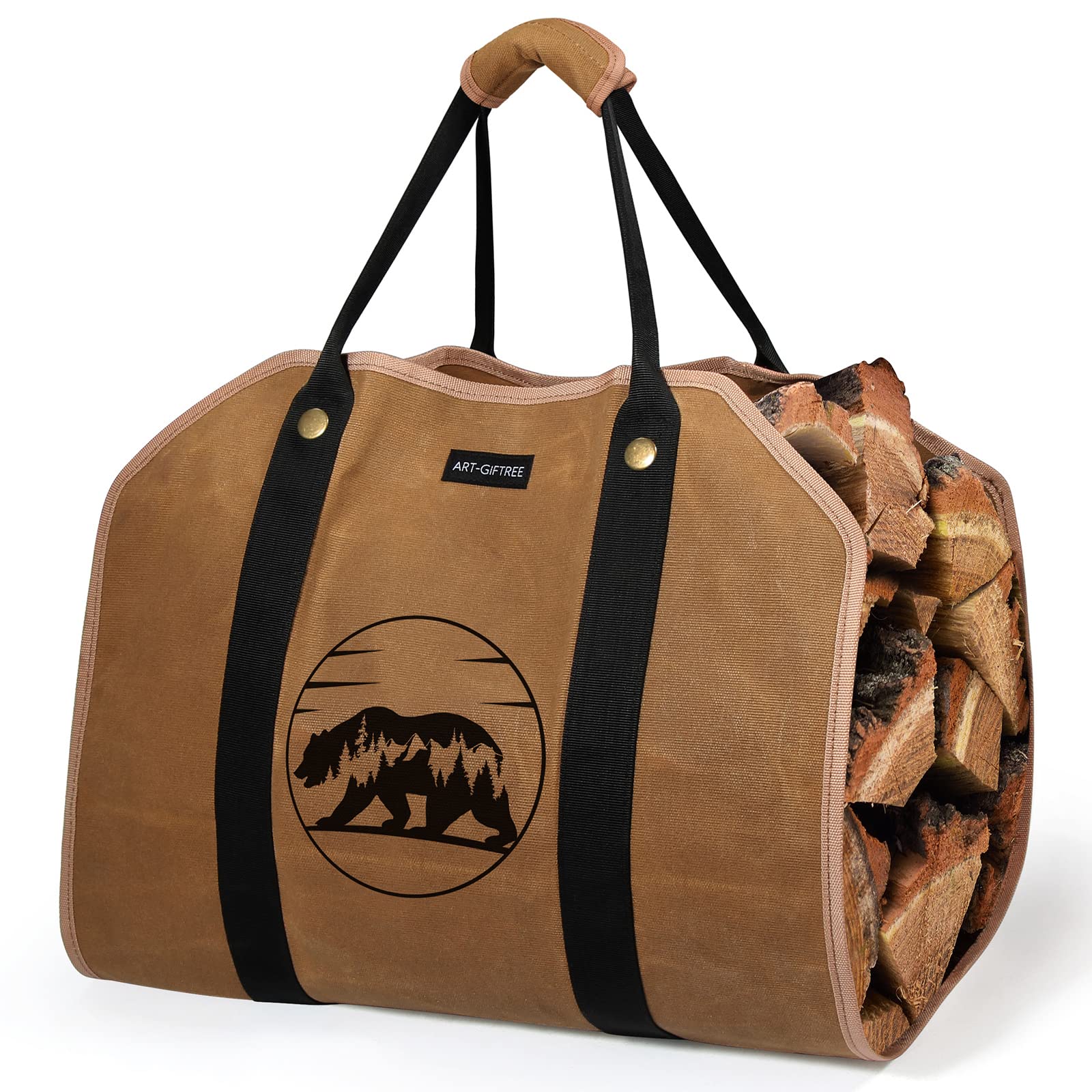 Waxed Canvas Firewood Carrier – Heavy Duty Log Tote, Brown