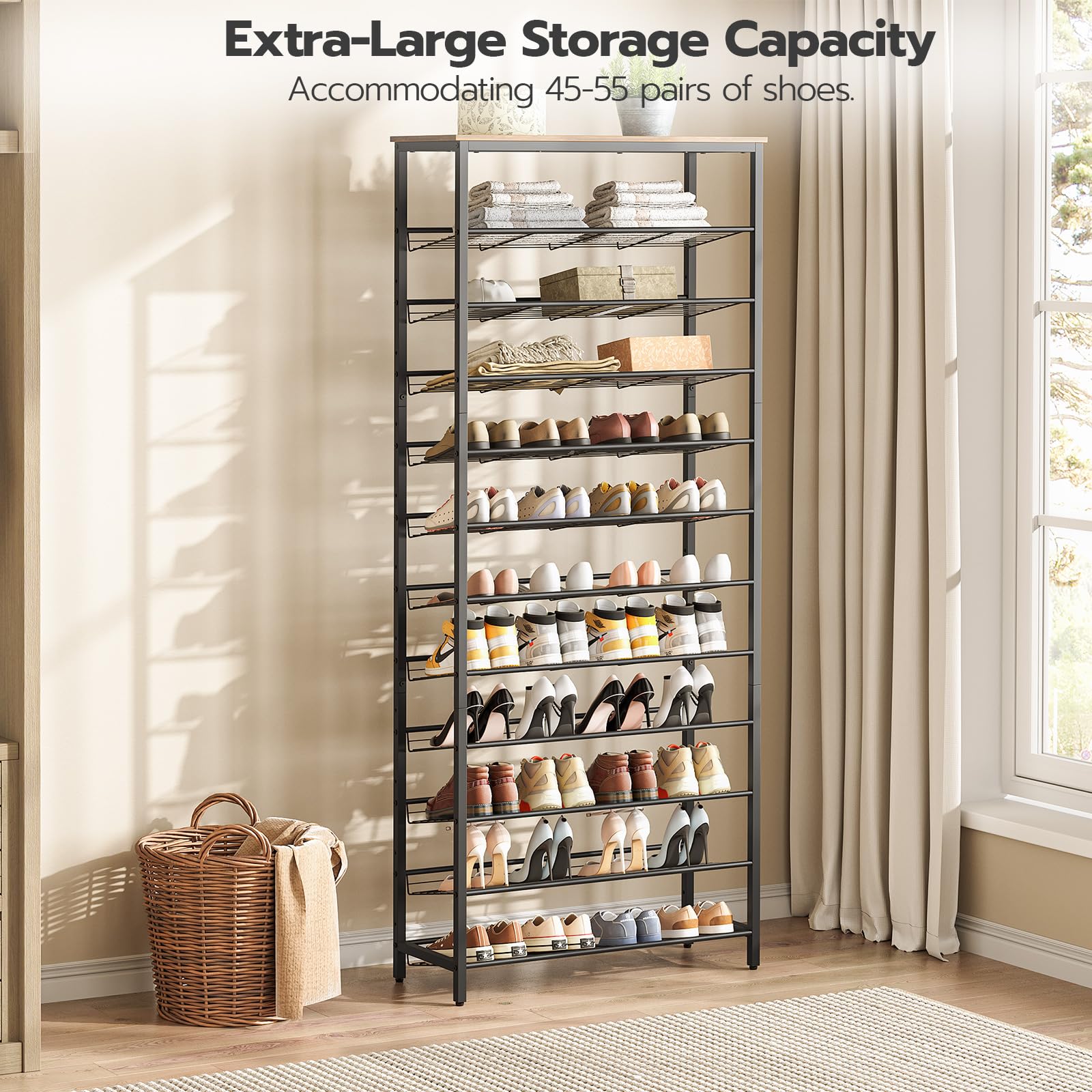 HOOBRO 12-Tier Tall Shoe Rack – Large Metal Storage Organizer, Rustic Brown