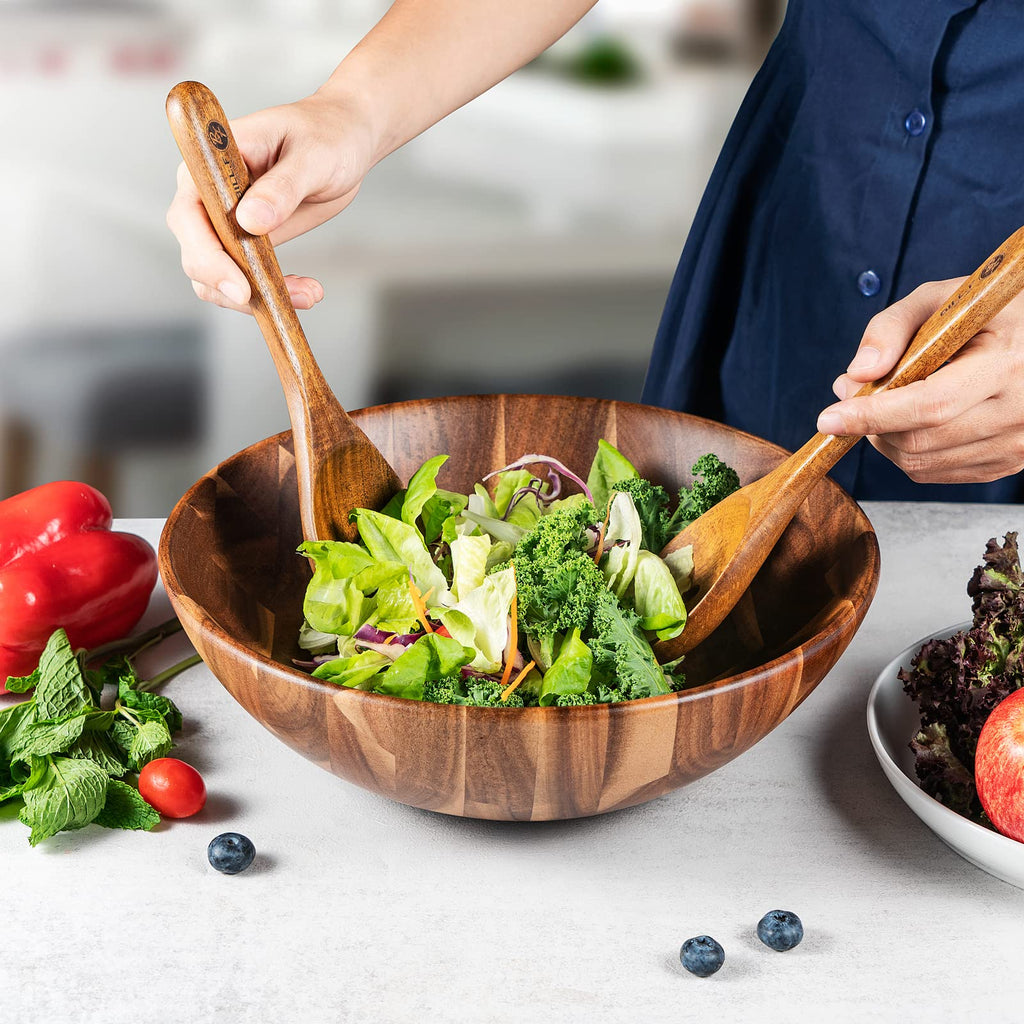 BF BILL.F Large Acacia Wood Salad Bowl Set - 30cm Serving Bowl with Servers