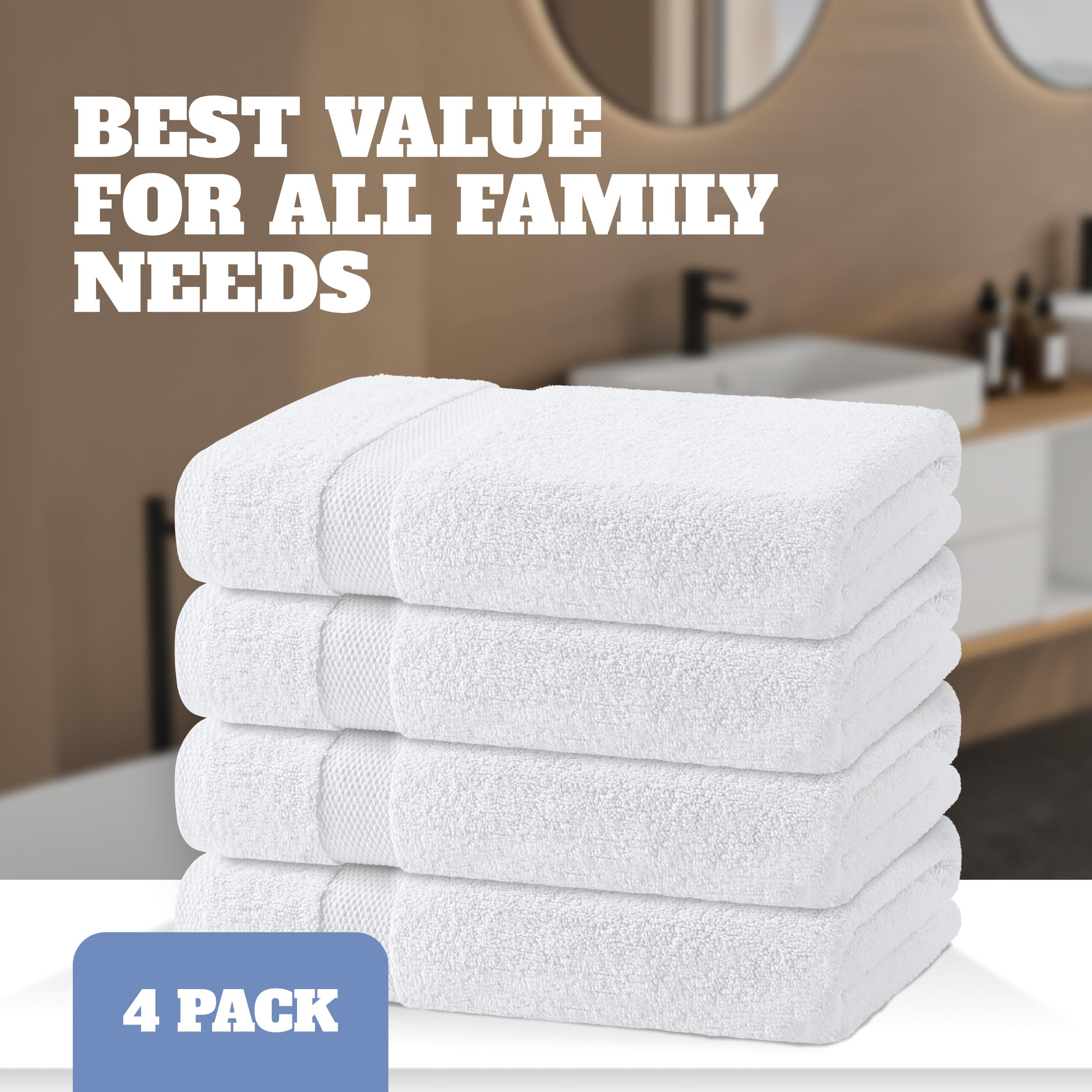 Wealuxe Cotton Bath Towels – 4 Pack Soft Hotel Quality – 68x132 CM