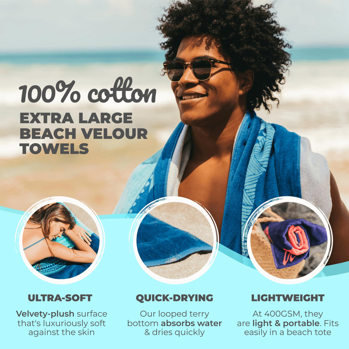 Nova Blue Shark Beach Towel – Blue with A Tropical Design, Extra Large, XL 34”x 63” Cool Hawaiian, Navy Beach Towel with Light Blue Stripe - image 2