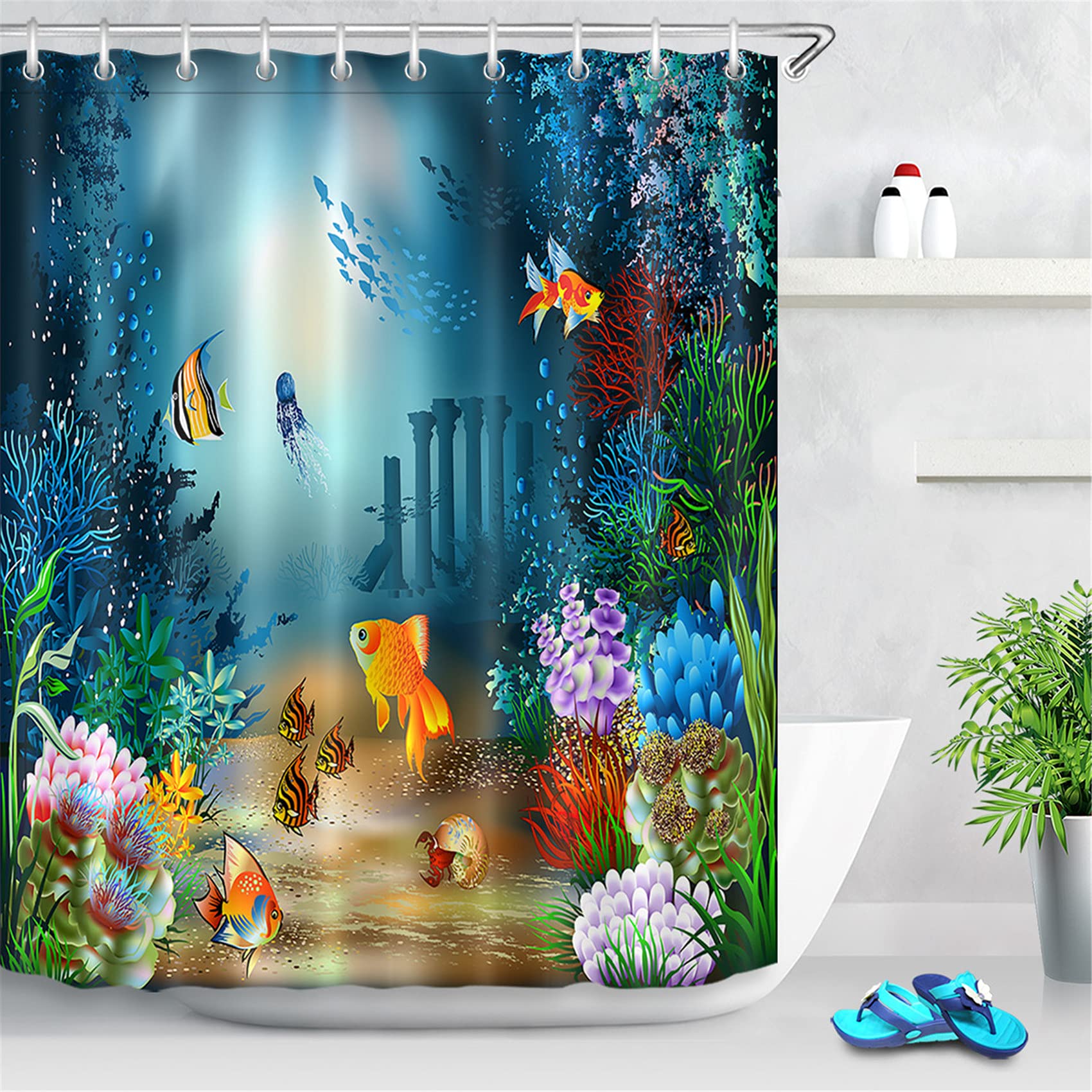 Jolof Store Tropical Fish Shower Curtain | Kids Marine Life Waterproof Fabric