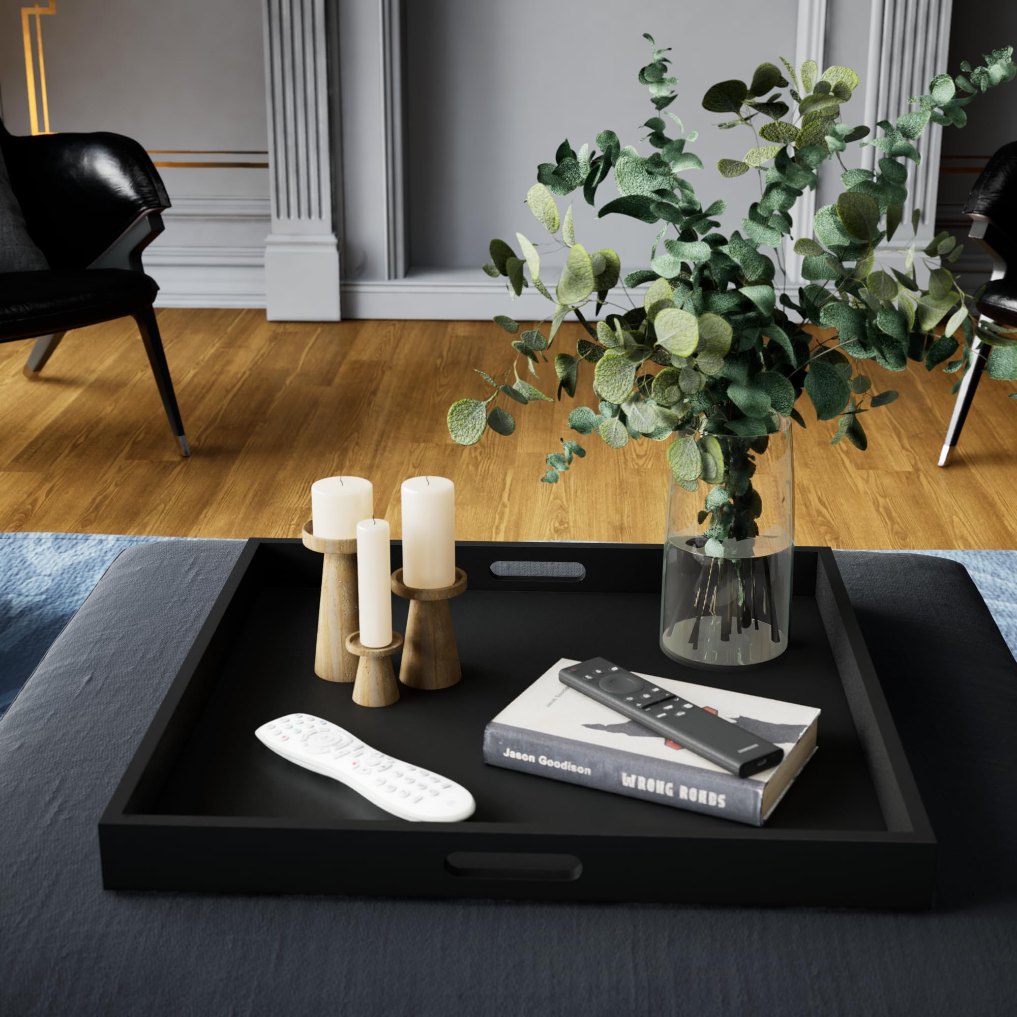 Hanobe 20" Square Ottoman Tray – Large Black Wood Decorative Serving Tray