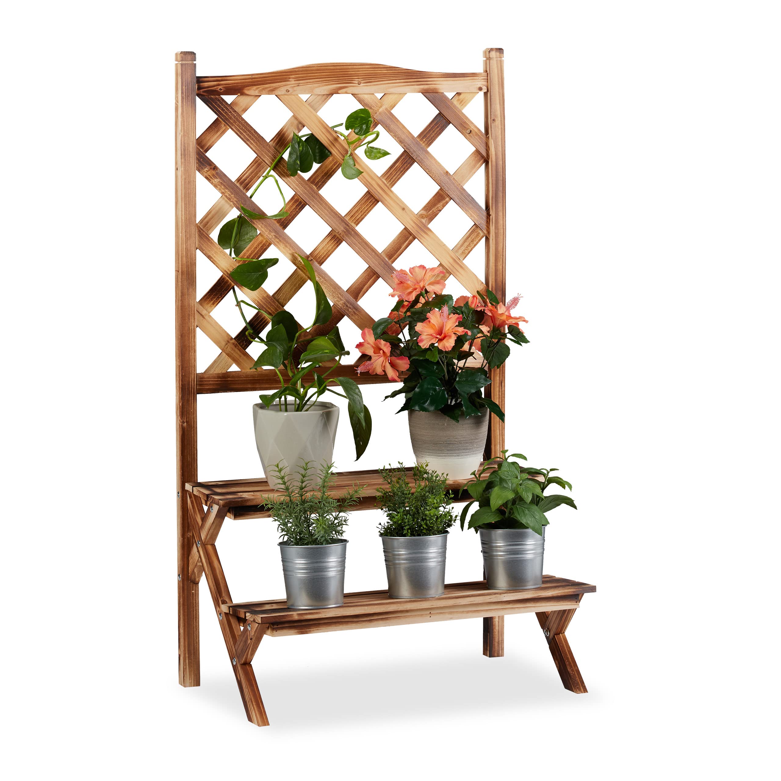 Relaxdays 2-Tier Wooden Plant Stand with Trellis – Flamed Fir Wood