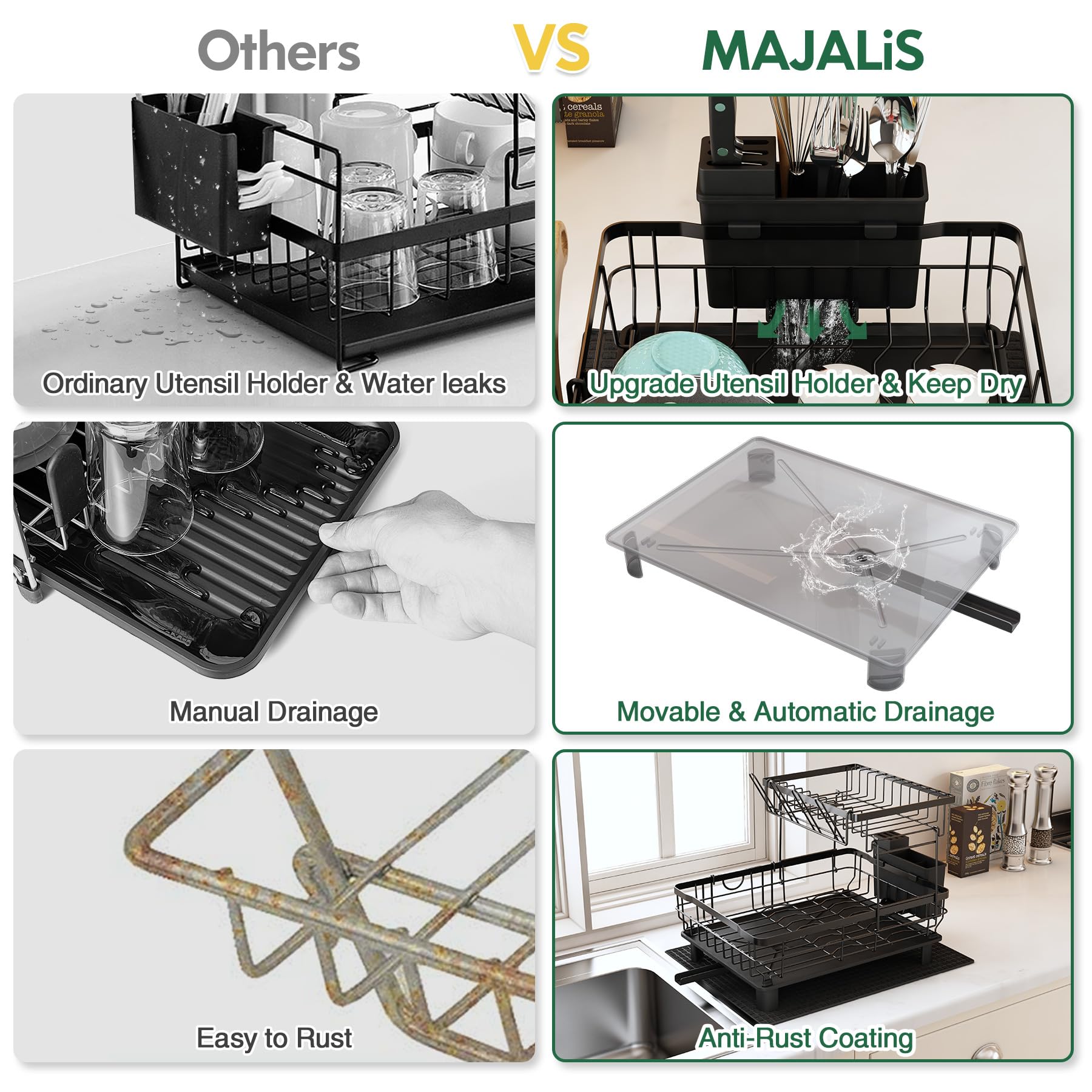 MAJALiS 2-Tier Dish Drying Rack | Rustproof Stainless Steel with Drainboard