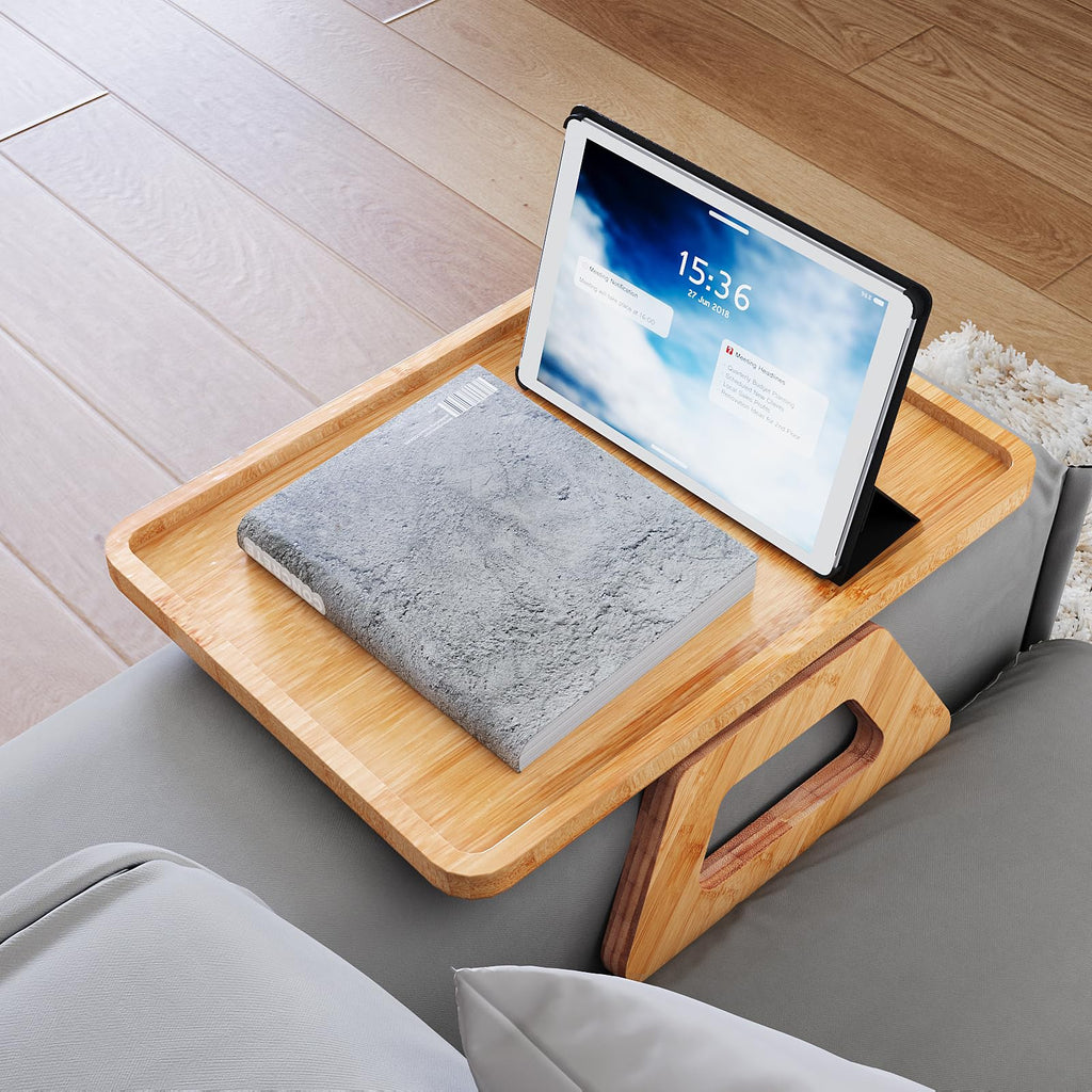 Fibogollo Sofa Tray,Bamboo Folding Couch Arm Tray,Sofa Armrest Trays Clip-On Couch Desk for Drinks,Snacks,Phone,Remote ControlNatural