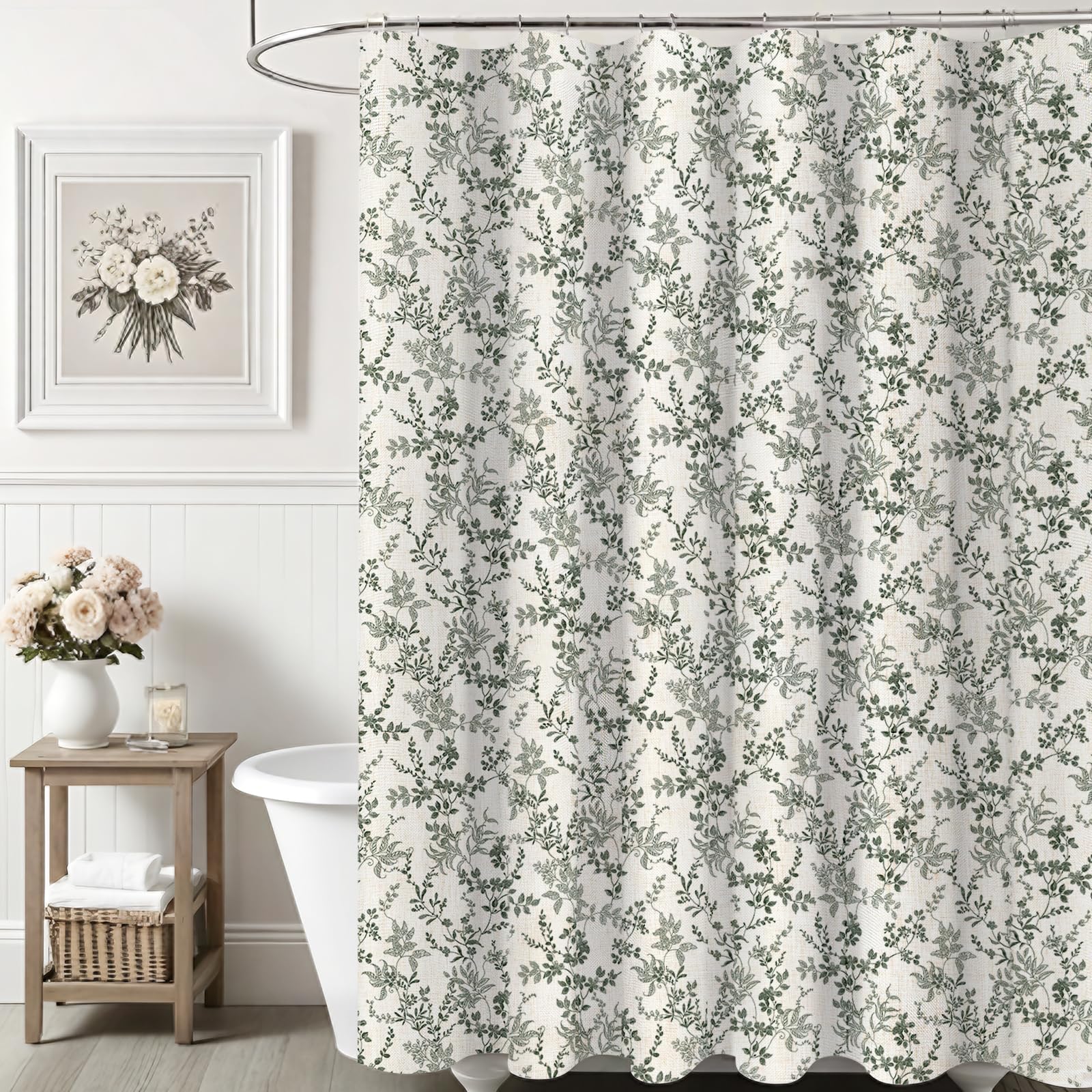 Jolof Store Floral Linen Shower Curtain – Waterproof Farmhouse Bathroom Decor