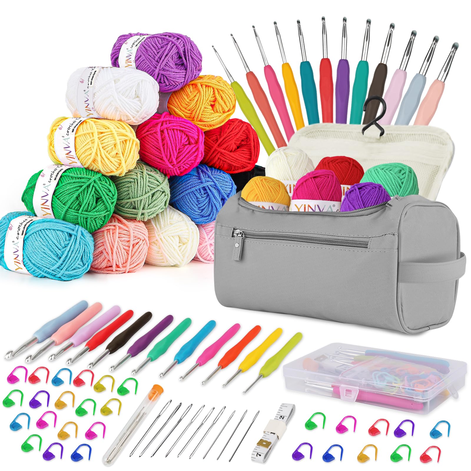 YINVA Crochet Kit for Beginners | 15 Colors Yarn & 12 Ergonomic Hooks