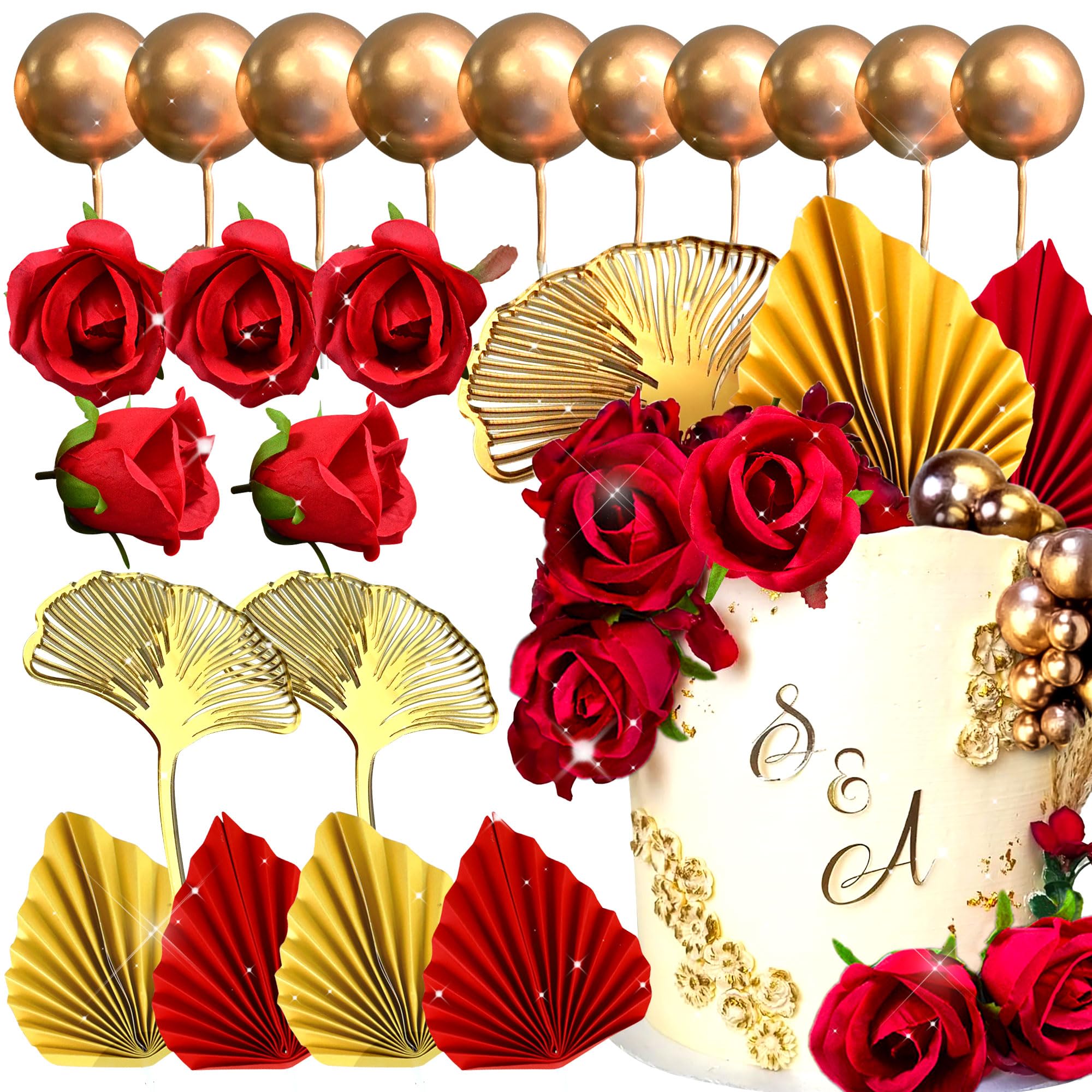 JeVenis Red Rose Cake Topper | Gold Leaves Decoration for Weddings
