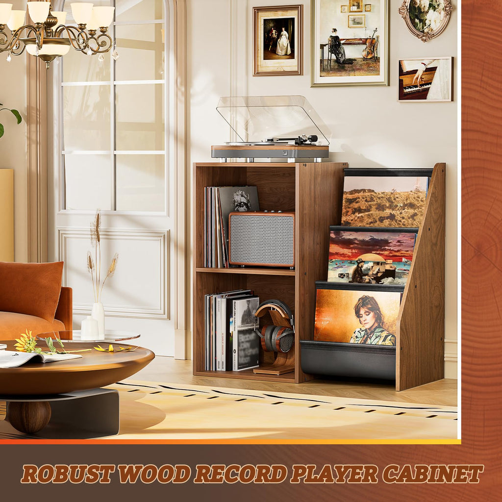 Bikoney Record Player Stand with 3-Tier Vinyl Storage for 220 LPs - Walnut - image 2