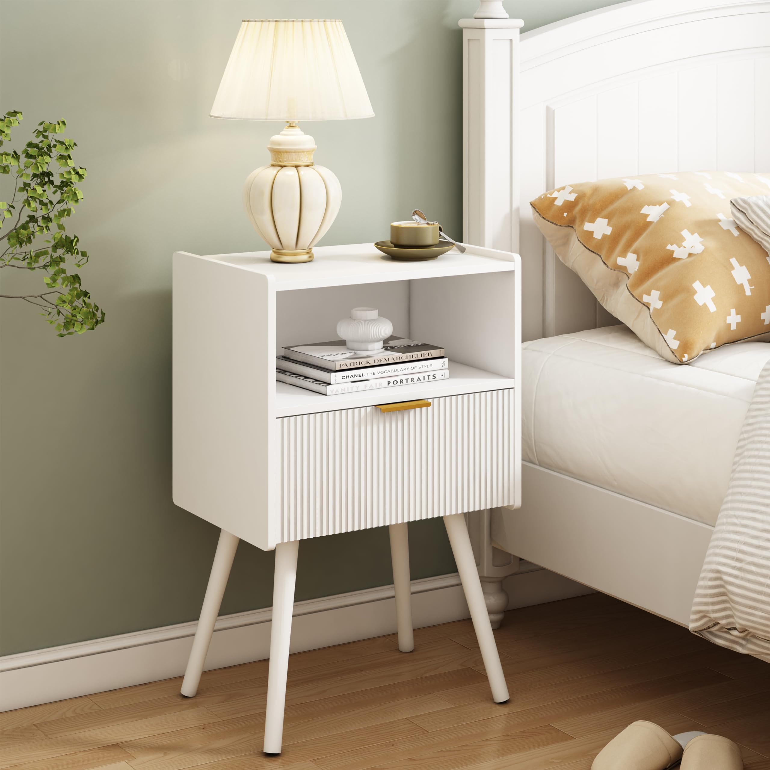 JERX Modern White Nightstand - Bedside Table with Drawer and Open Shelf