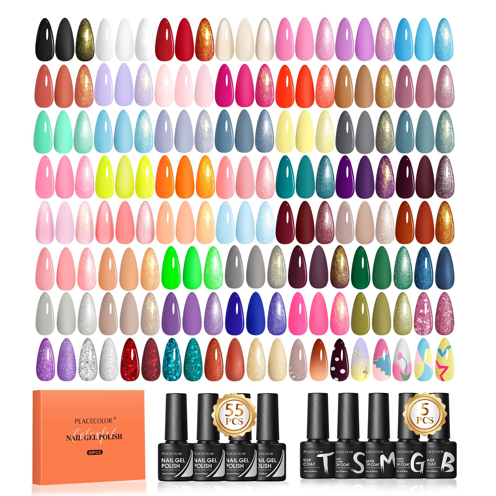 Peacecolor 60-Piece Gel Nail Polish Set | 55 Colors with Matte & Glossy Tops