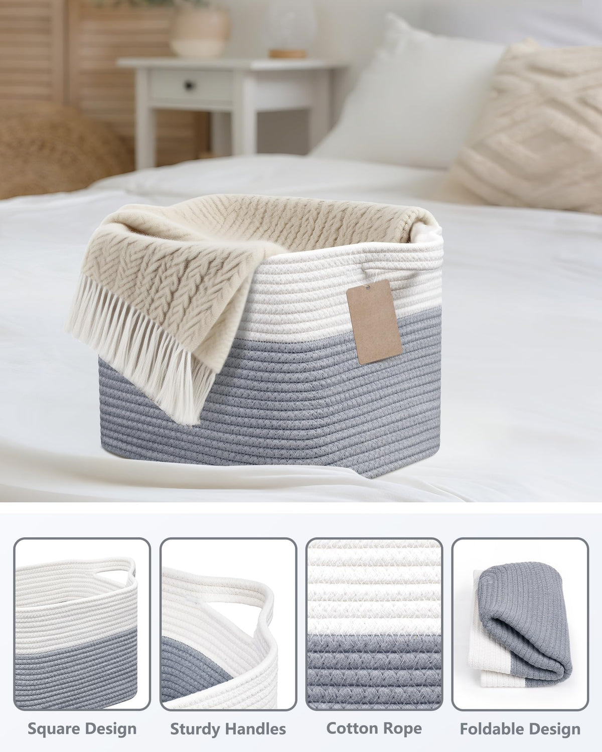 JOJOSEE Small Cotton Woven Storage Basket for Shelves, White&Grey,3PCS - image 3
