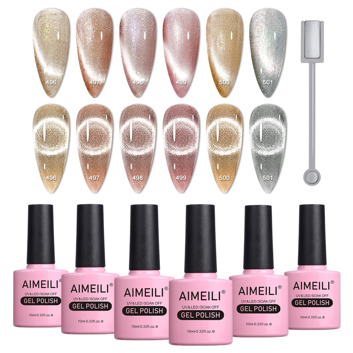 AIMEILI 9D Cat Eye Gel Nail Polish Set - 6PCS Magnetic UV LED Kit