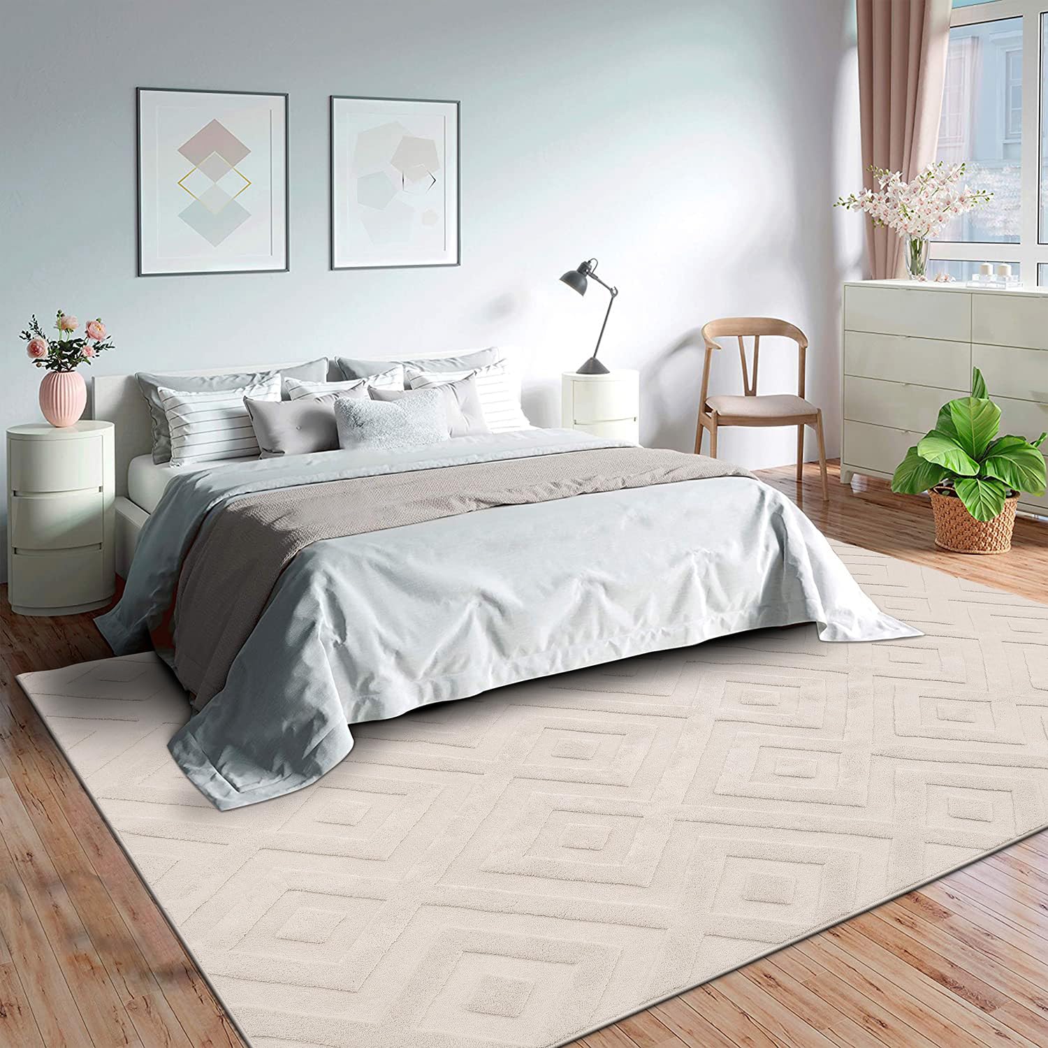 SHACOS Modern Cream Area Rug – 160x230cm Washable Shaggy Geometric Carpet