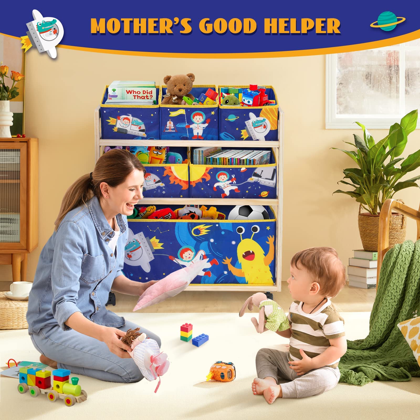 NUKied 3-Tier Wooden Kids Toy Storage Organizer with Wheels & 6 Bins