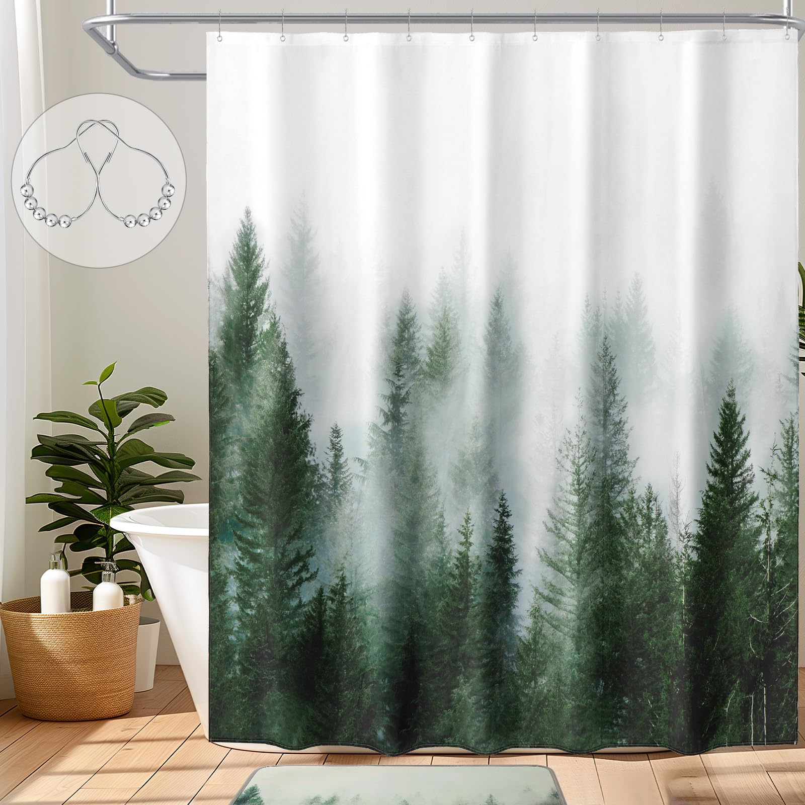ORTIGIA Green Misty Forest Shower Curtain | Nature Woodland Polyester