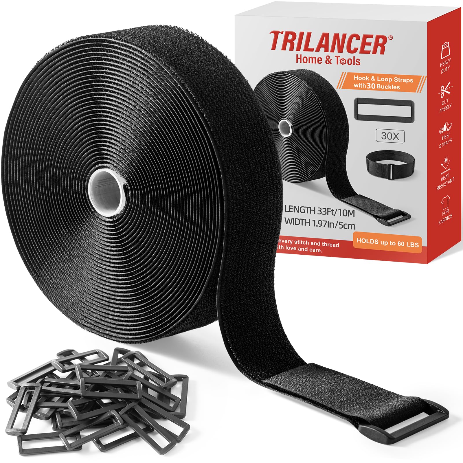 Trilancer Heavy Duty Hook and Loop Cinch Straps with 30 Buckles - 10m
