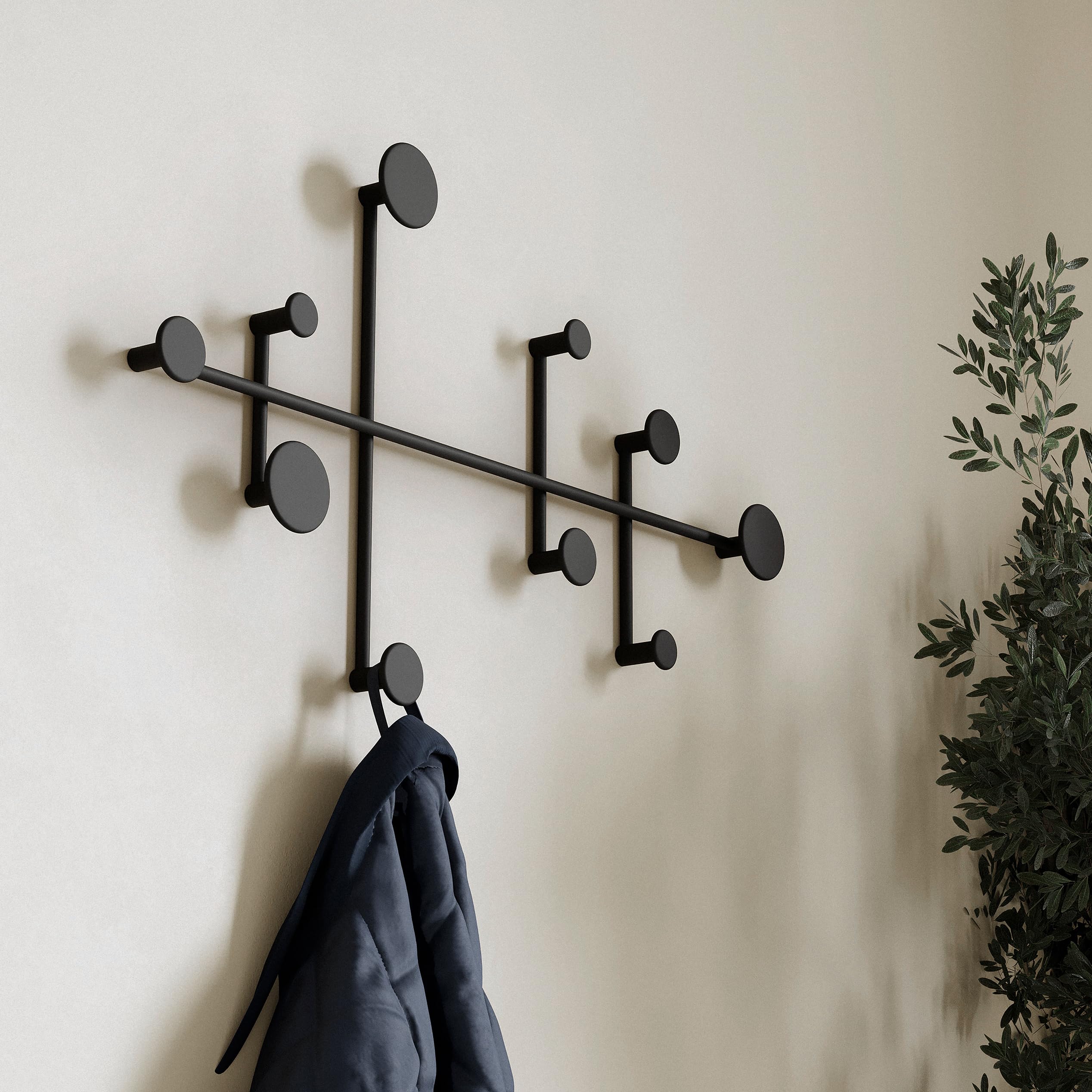 Kazai Sval Wall-Mounted Coat Rack – Modern Minimalist Metal Hooks | Black