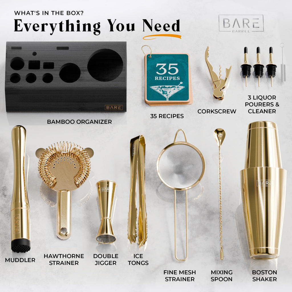 Bare Barrel 14-Piece Cocktail Making Kit with Bamboo Stand & Recipes