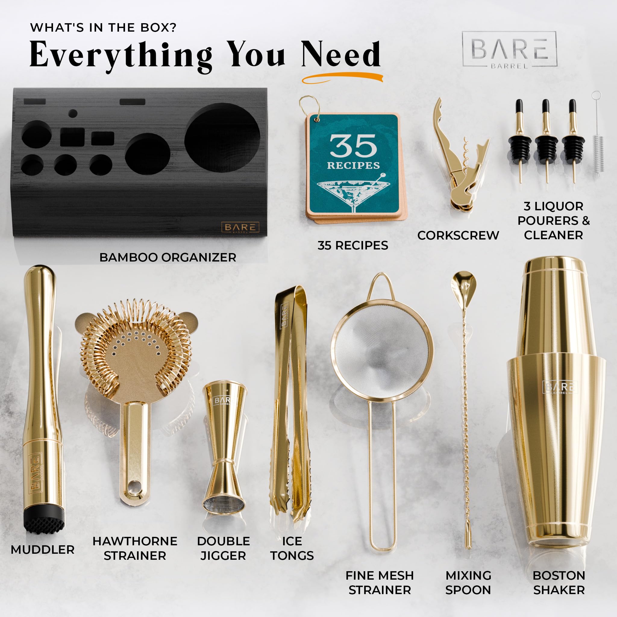 Bare Barrel 14-Piece Cocktail Making Kit with Bamboo Stand & Recipes