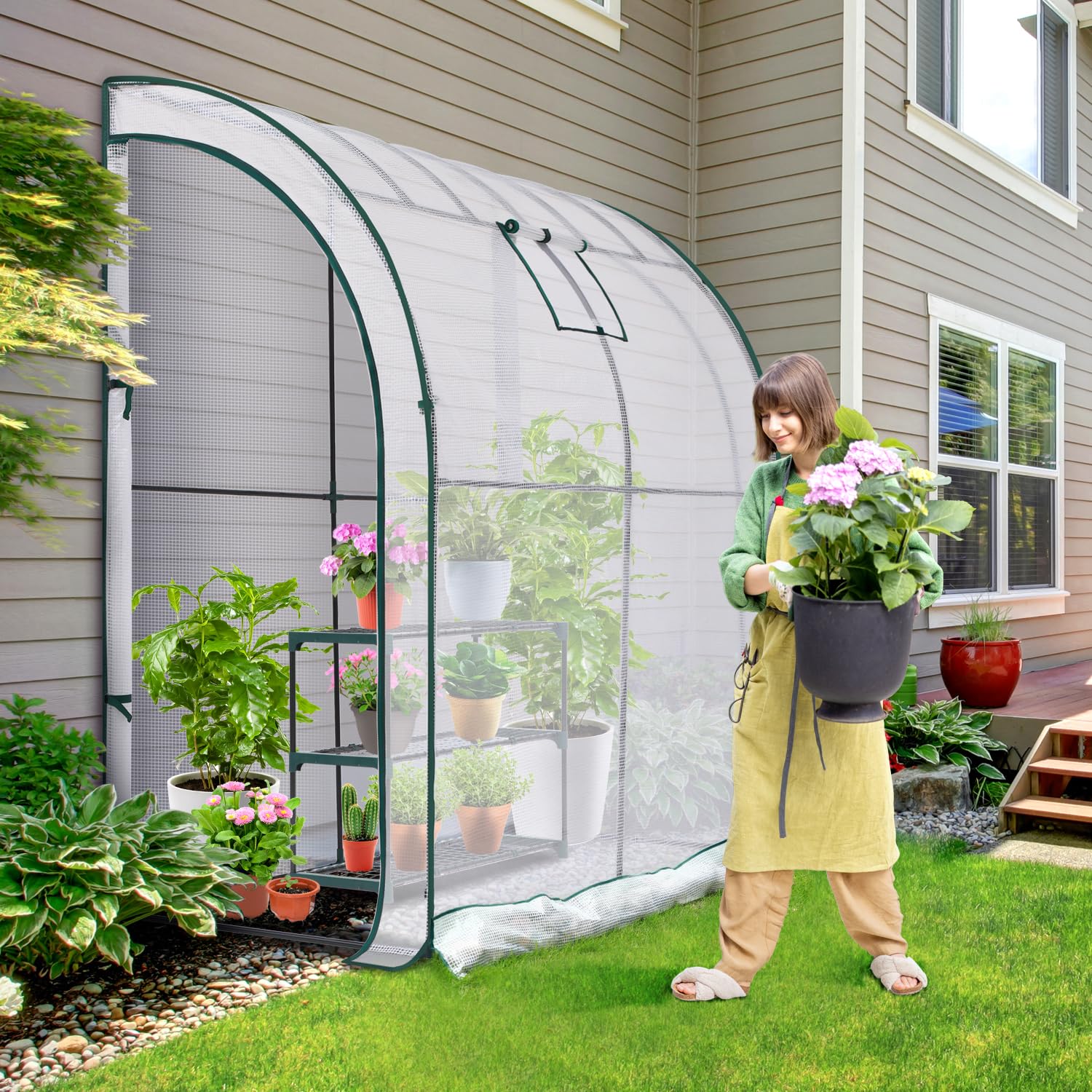 Ohuhu Lean-to Walk-in Greenhouse with 3-Tier Shelving - 200x100x210 cm