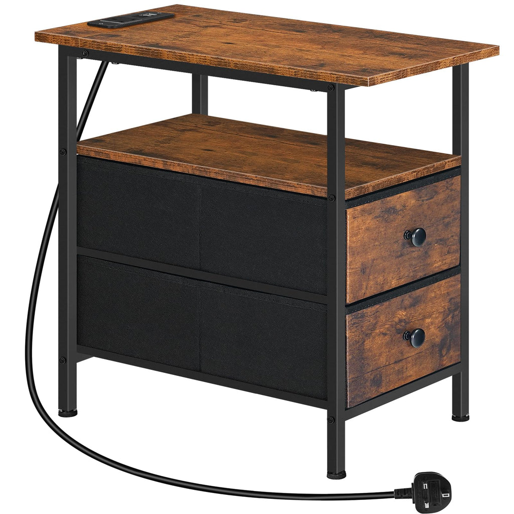 HOOBRO Narrow Bedside Table with Charging Station and 2 Drawers