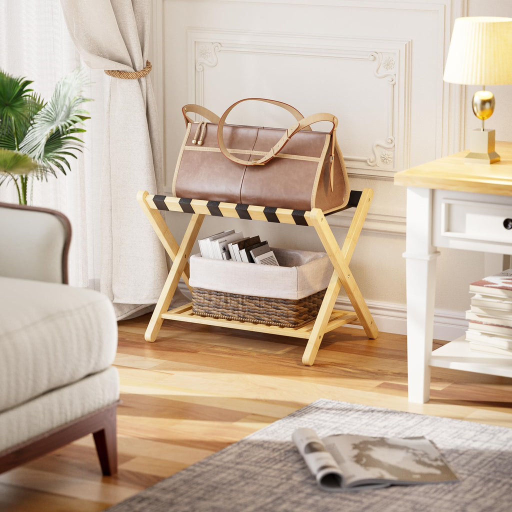 SMIBUY Foldable Bamboo Luggage Rack with Storage Shelf - Heavy-Duty Stand