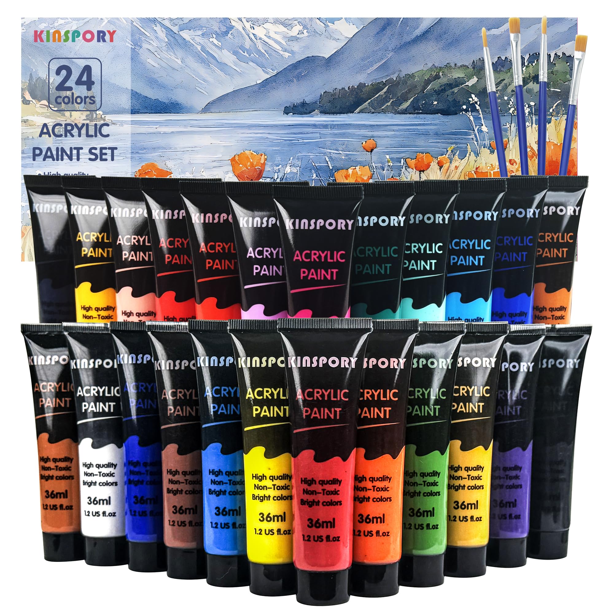 KINSPORY Acrylic Paint Set - 24 Colors, 36ml Tubes with 4 Brushes
