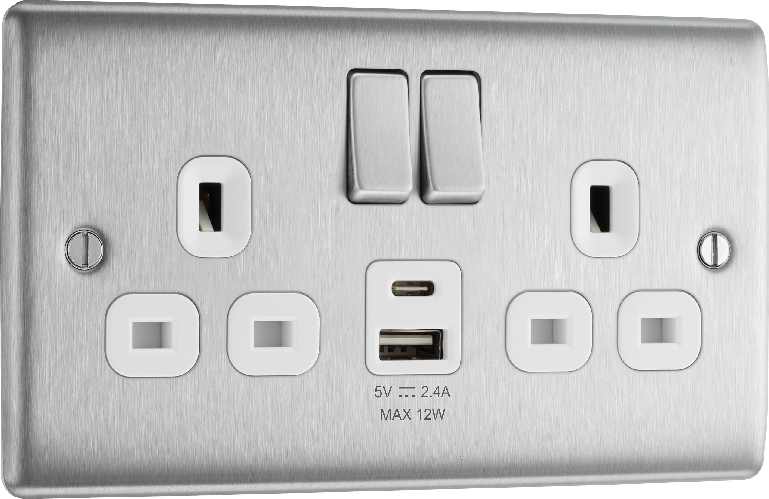 BG Electrical Double Switched Socket | Brushed Steel USB A & C