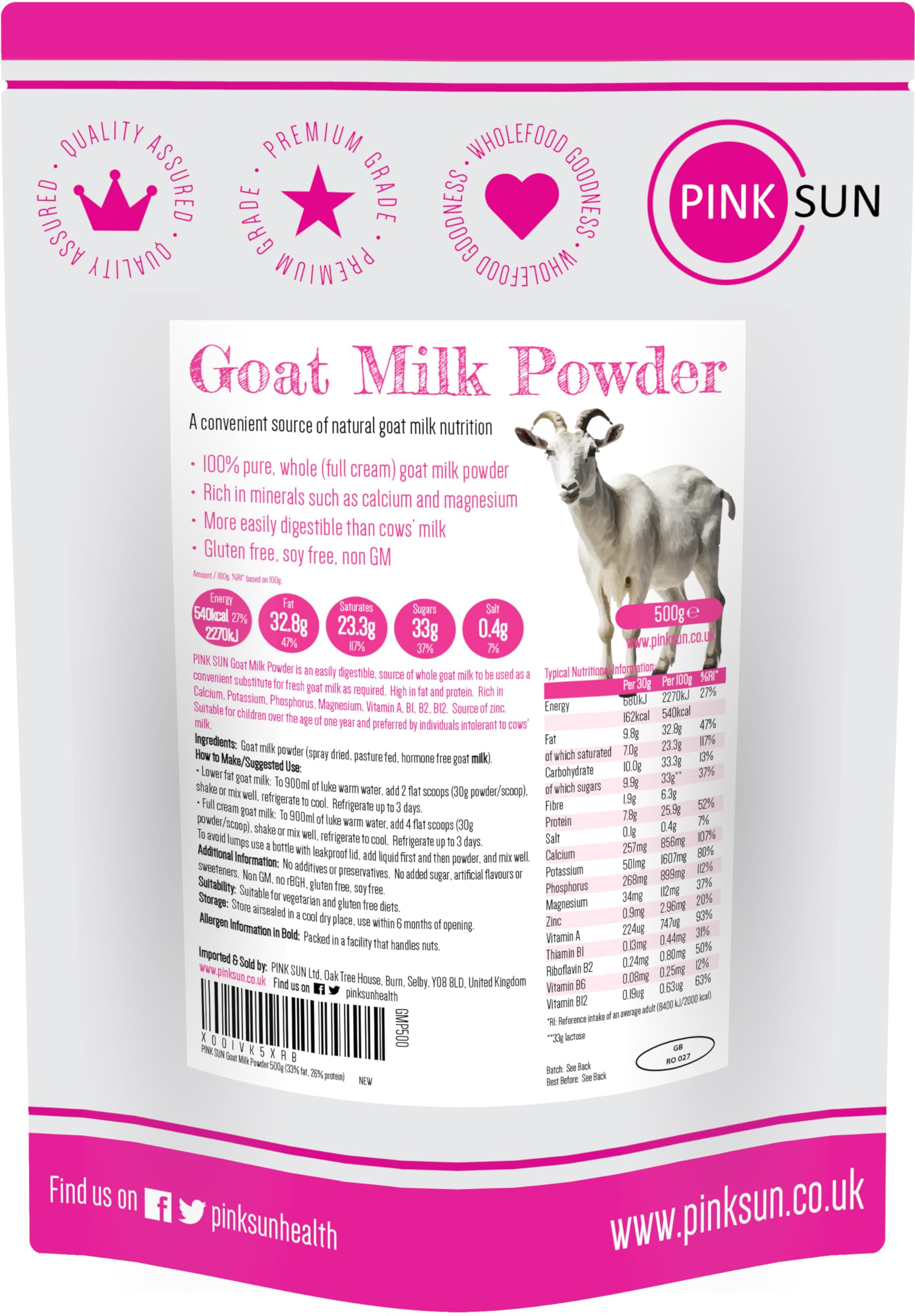 PINK SUN Whole Goat Milk Powder – 500g Full Cream & Gluten Free