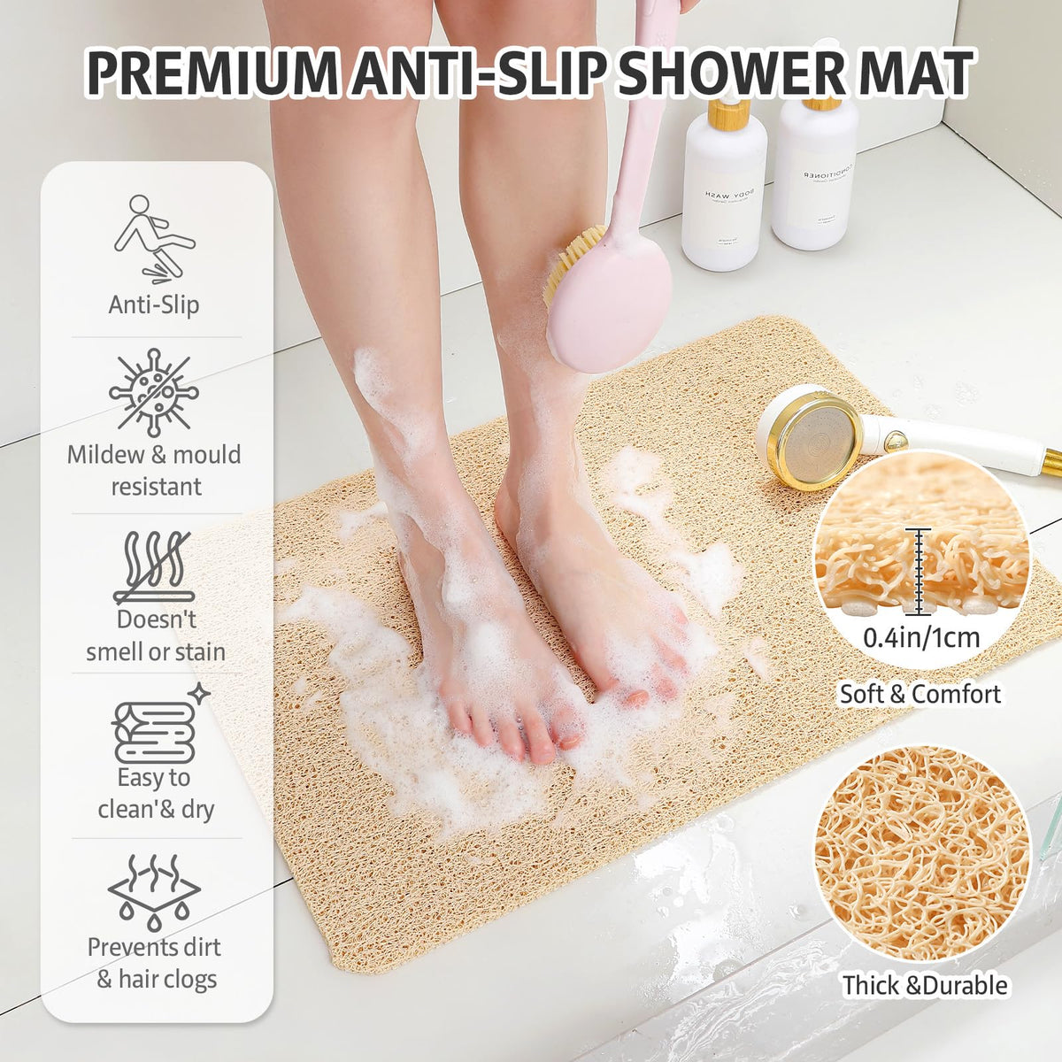 XIYUNTE Soft Shower Mat Non Slip Anti Mould 60 x 40 cm, INCL. Hooks for Drying, PVC Bath Mat Non Slip Anti Mould - image 2