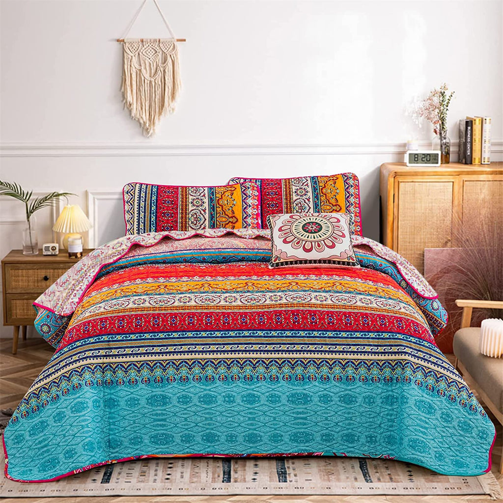 WONGS BEDDING King Bohemian Reversible Quilt | Soft Microfiber Bedspread
