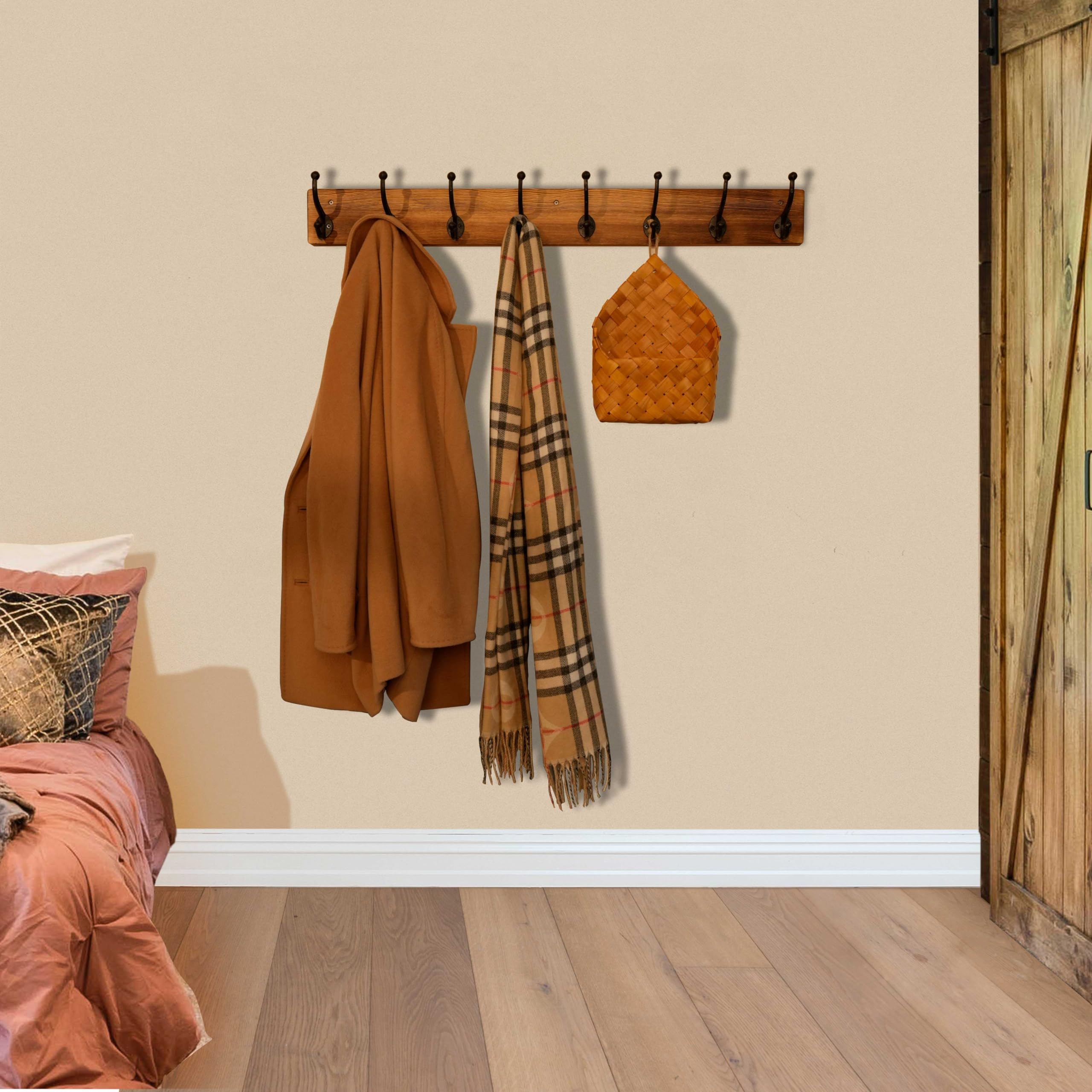 WEBI Rustic Wall Mount Coat Rack – 8 Cast Iron Hooks, Solid Wood, Brown