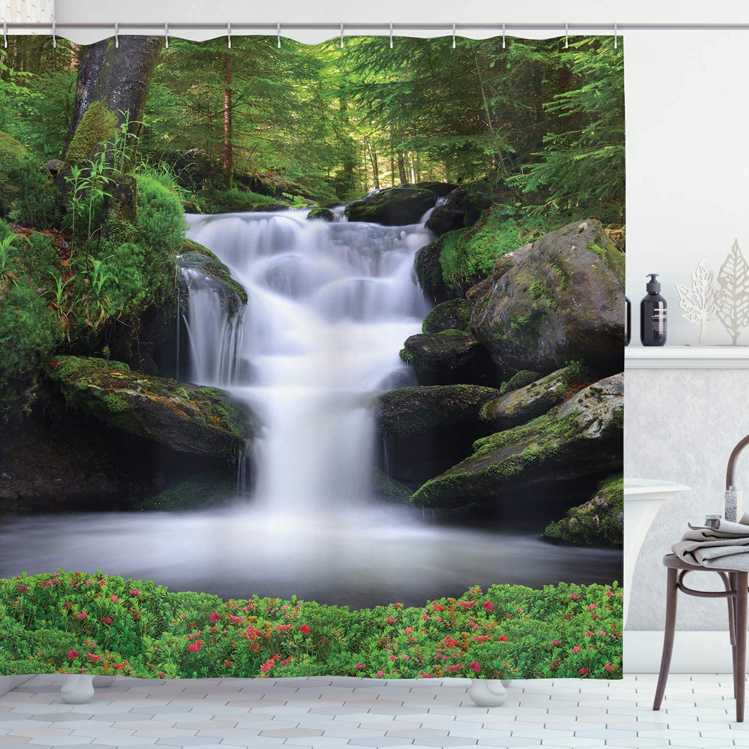 JIANGLANY 3D Waterfall Landscape Shower Curtain | Waterproof Polyester