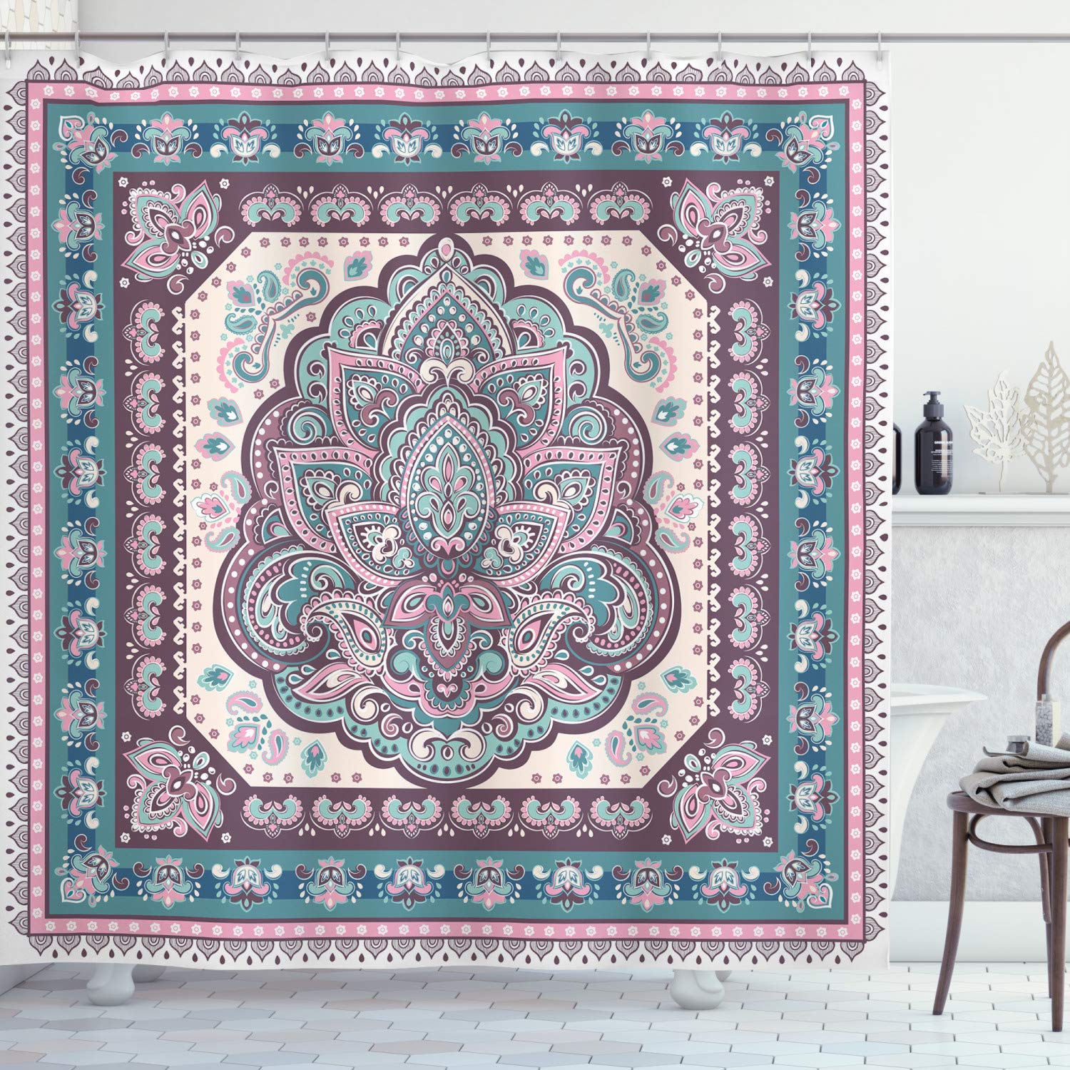 ABAKUHAUS Ethnic Mandala Shower Curtain | Waterproof Fabric, 175 x 200 cm