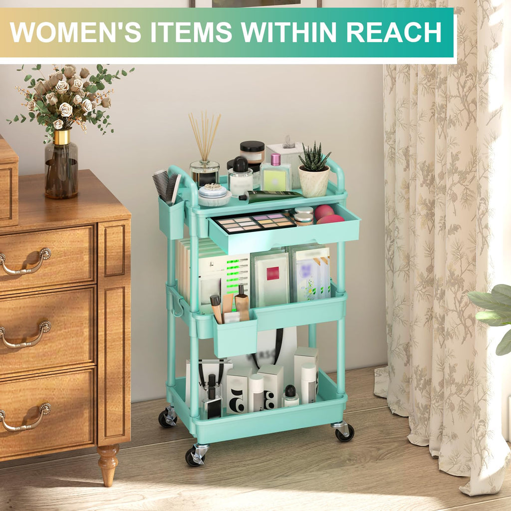 Yeabett 3 Tier Craft Trolley, Storage Trolley On Wheels Utility Cart With Drawer For Kitchen, Bathroom, Office, Living Room, Blue - image 5