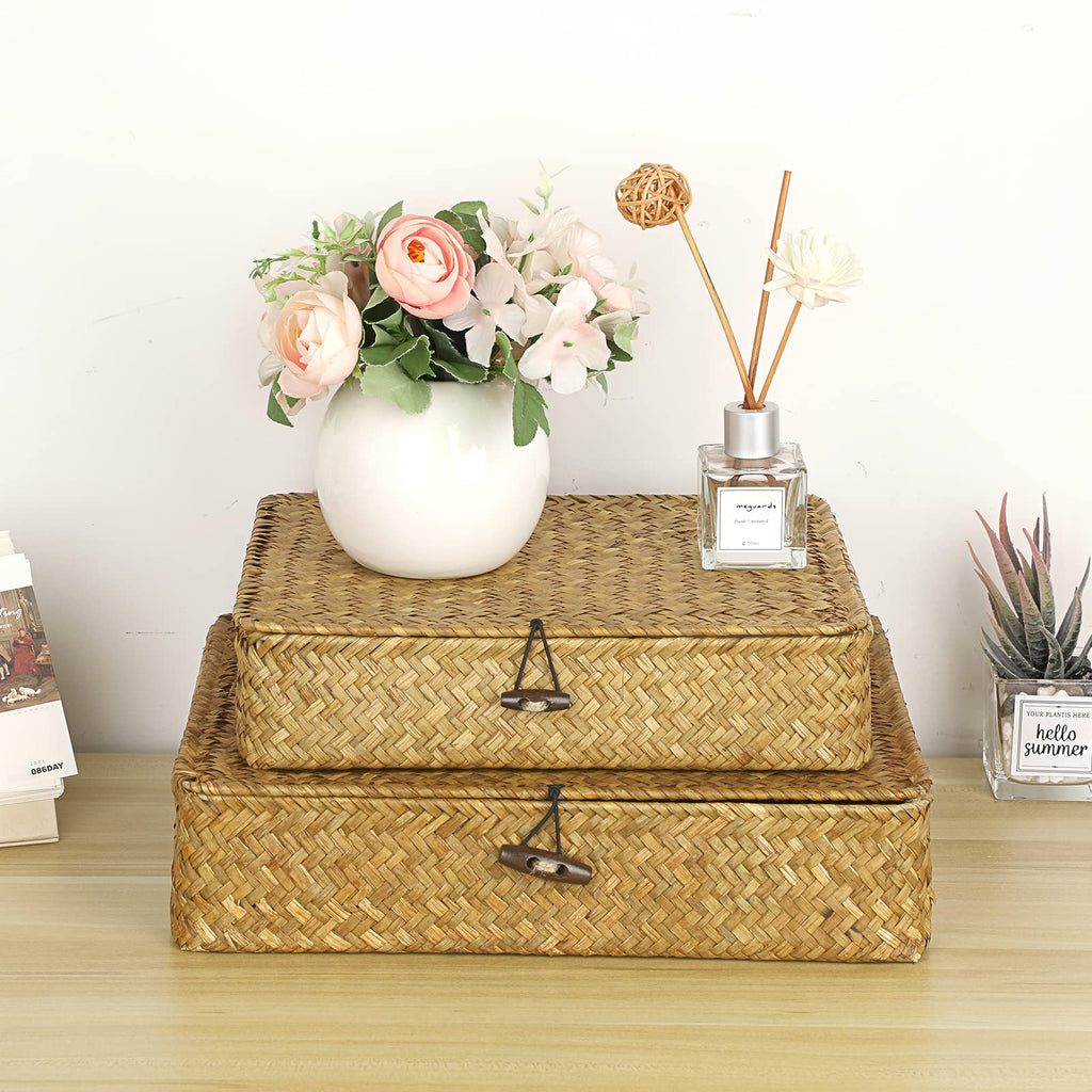 IGNPION Set of 2 Seagrass Storage Basket with Lid Flat Organiser Baskets for Shelf - image 3