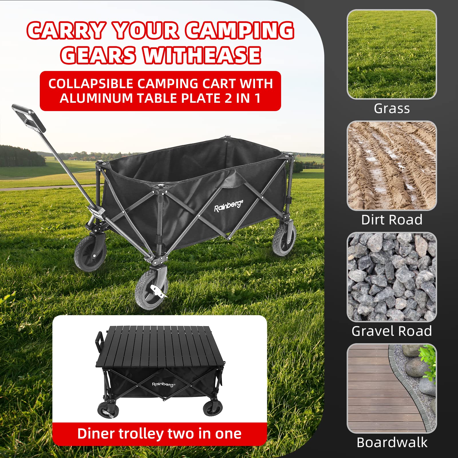 Rainberg 2-in-1 Folding Camping Wagon with Table Top | 120kg Capacity