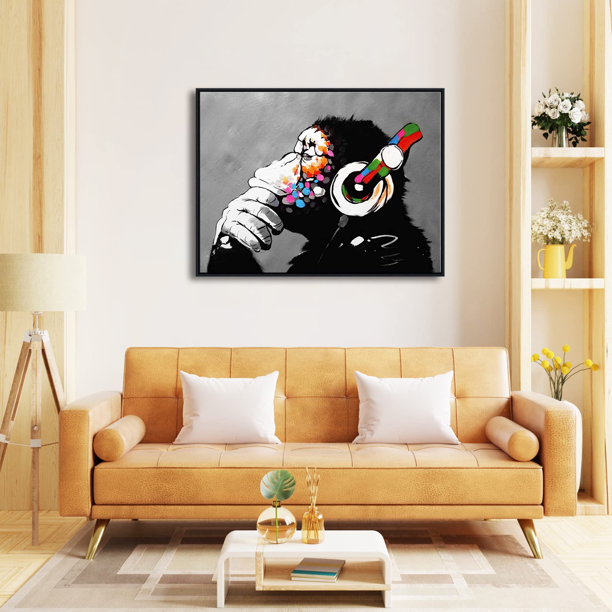 Banksy Monkey with Headphones Framed Canvas Wall Art – 33x25