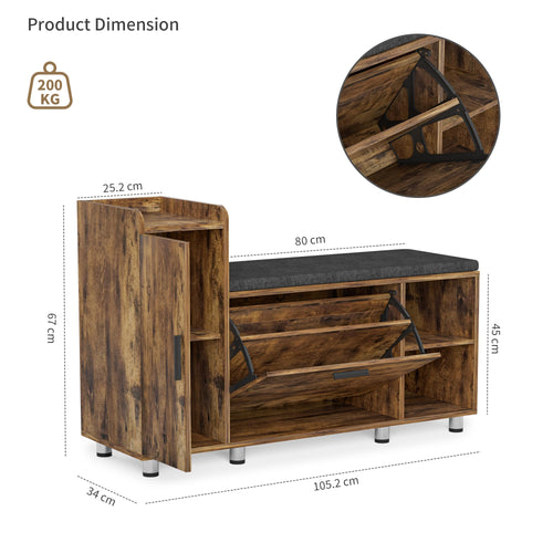 BonVache Shoe Storage Bench with Cushion, Brown Shoe Bench 105cm Lounge with 2 Shelves and 4 Compartments, Hallway Storage Unit with Seat, Living Room - image 2
