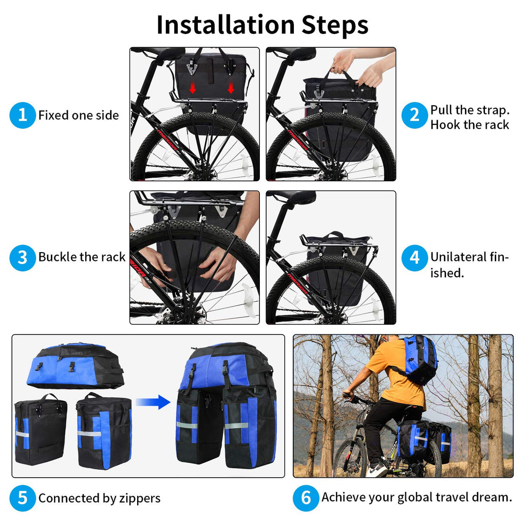PELLOR 70L Waterproof 3-in-1 MTB Bike Rear Pannier Rack Bag - Blue