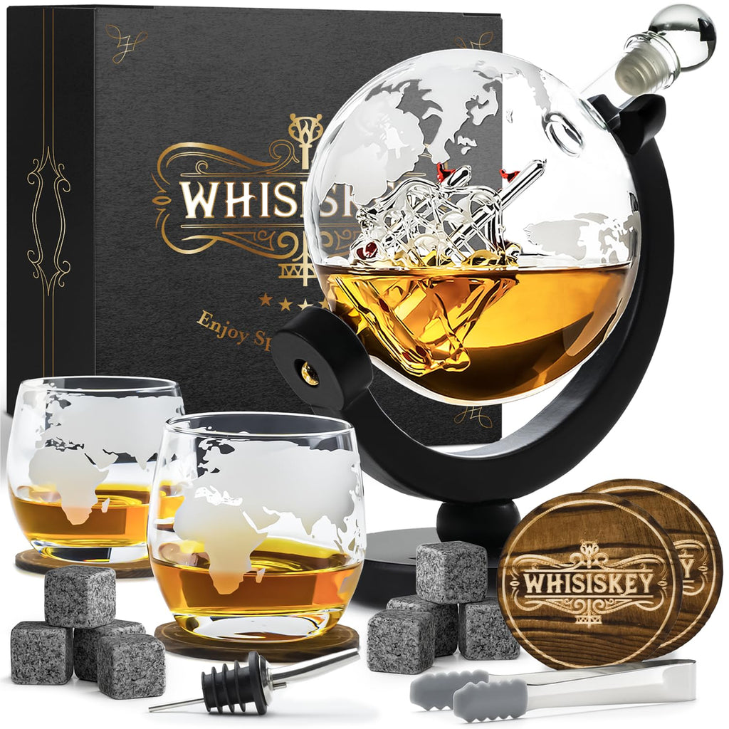 Whisiskey Globe Whiskey Decanter Set - 900ml Carafe with 8 Whiskey Stones