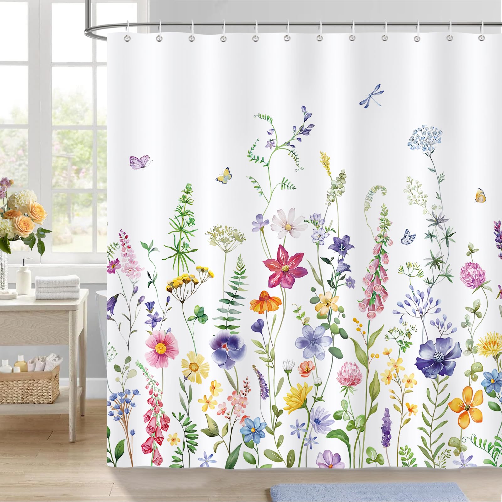 Bonhause Floral Shower Curtain | Wildflower Butterfly Polyester - 180x180cm
