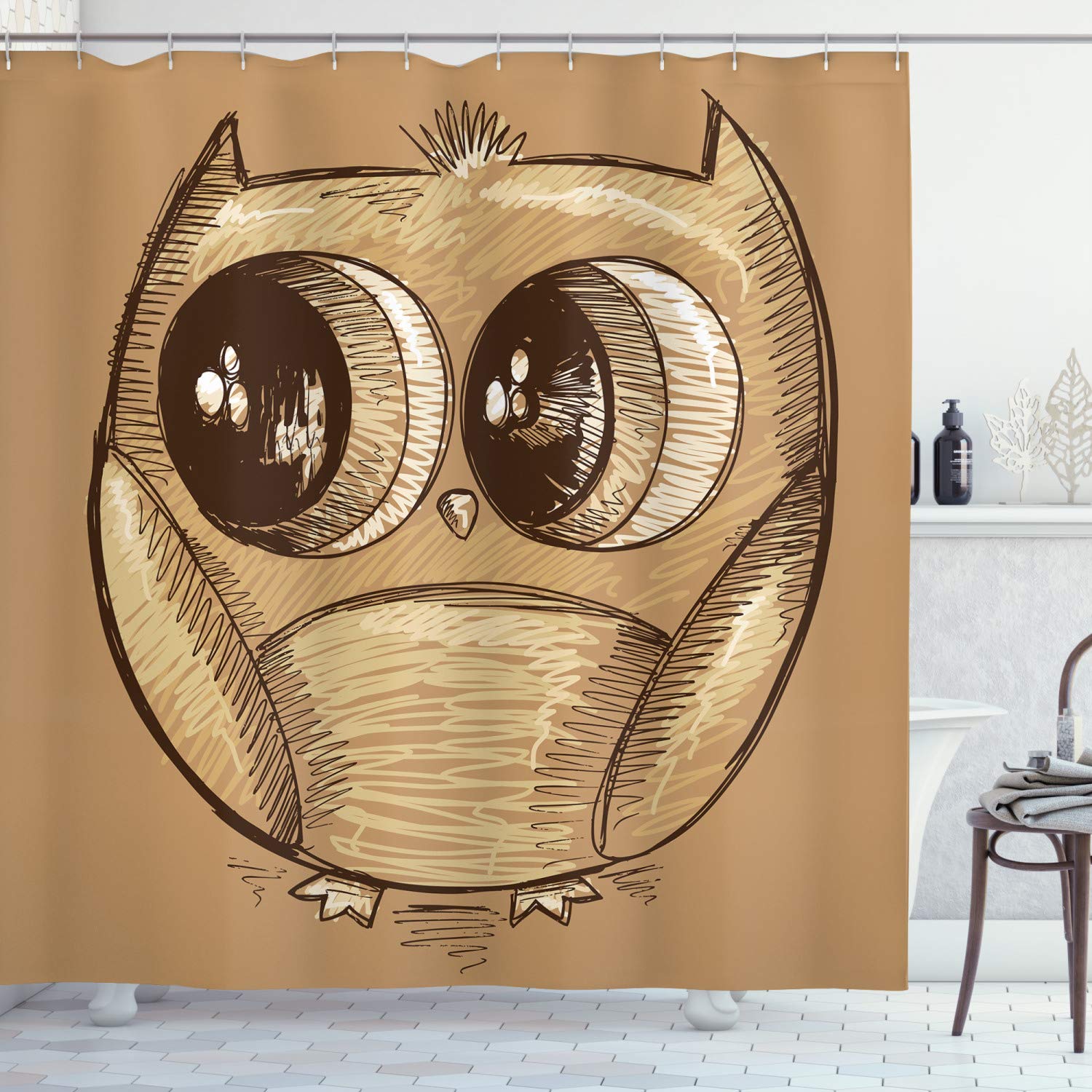 ABAKUHAUS Owl Nursery Shower Curtain | Waterproof Fabric Decor, Light Brown